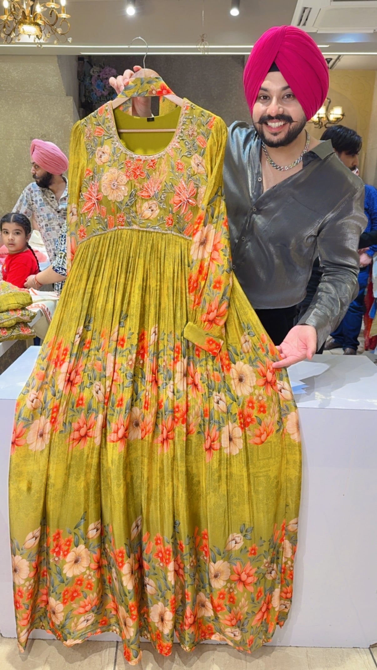 Mehendi Green Soft Chinon Hand Embroidered Padded Anarkali Gown With Stylish Necklace Stole