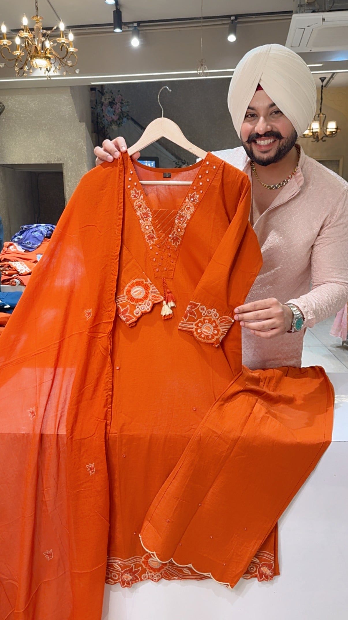 Rusty Orange Cotton Semiformal Straight Suits with Beautiful Embroidery Work on it