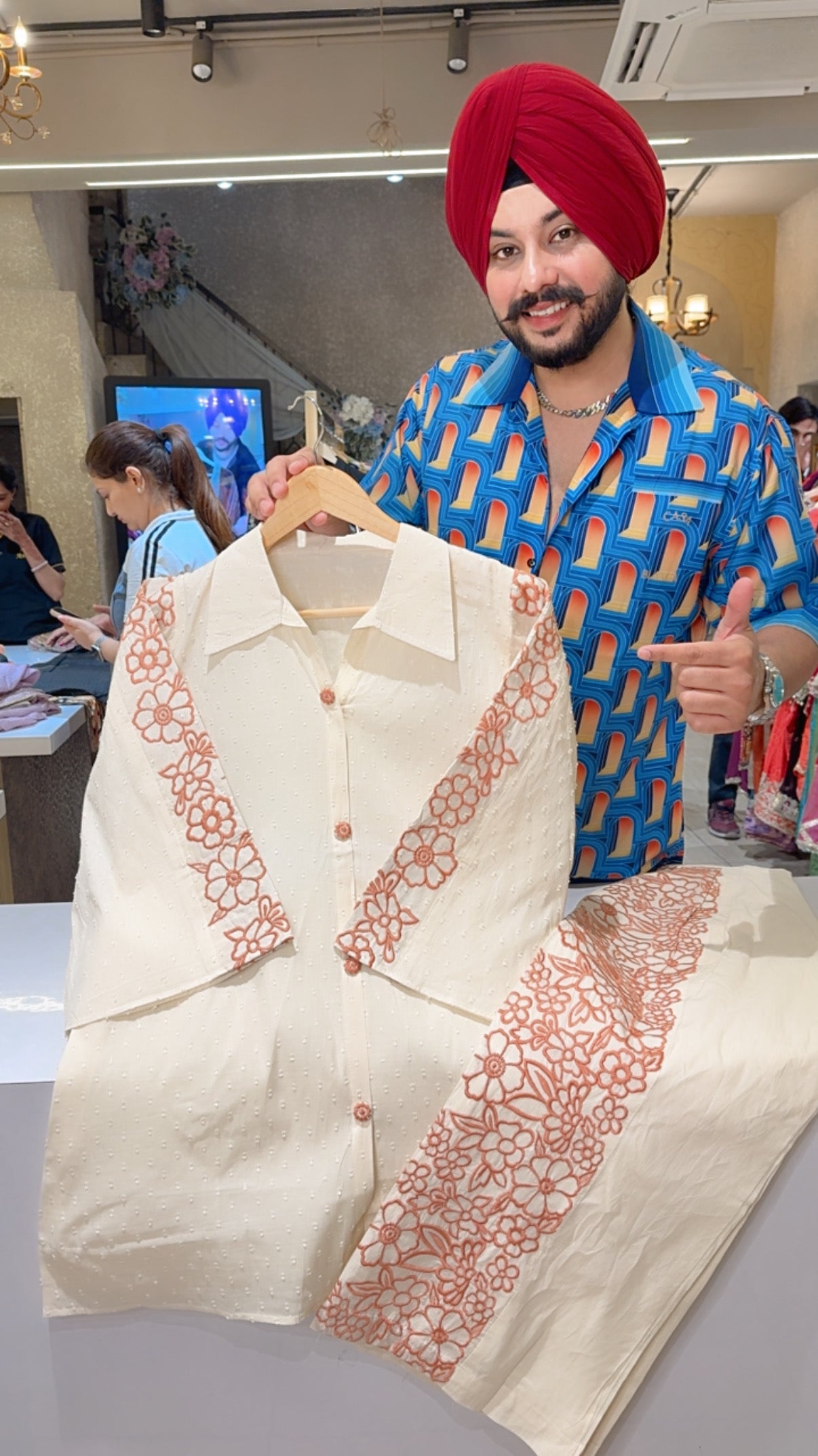 Off White & Rust Kora Cotton collar Neck Summerish Coord set with Beautiful Embroidery work on Sleeves & Pants