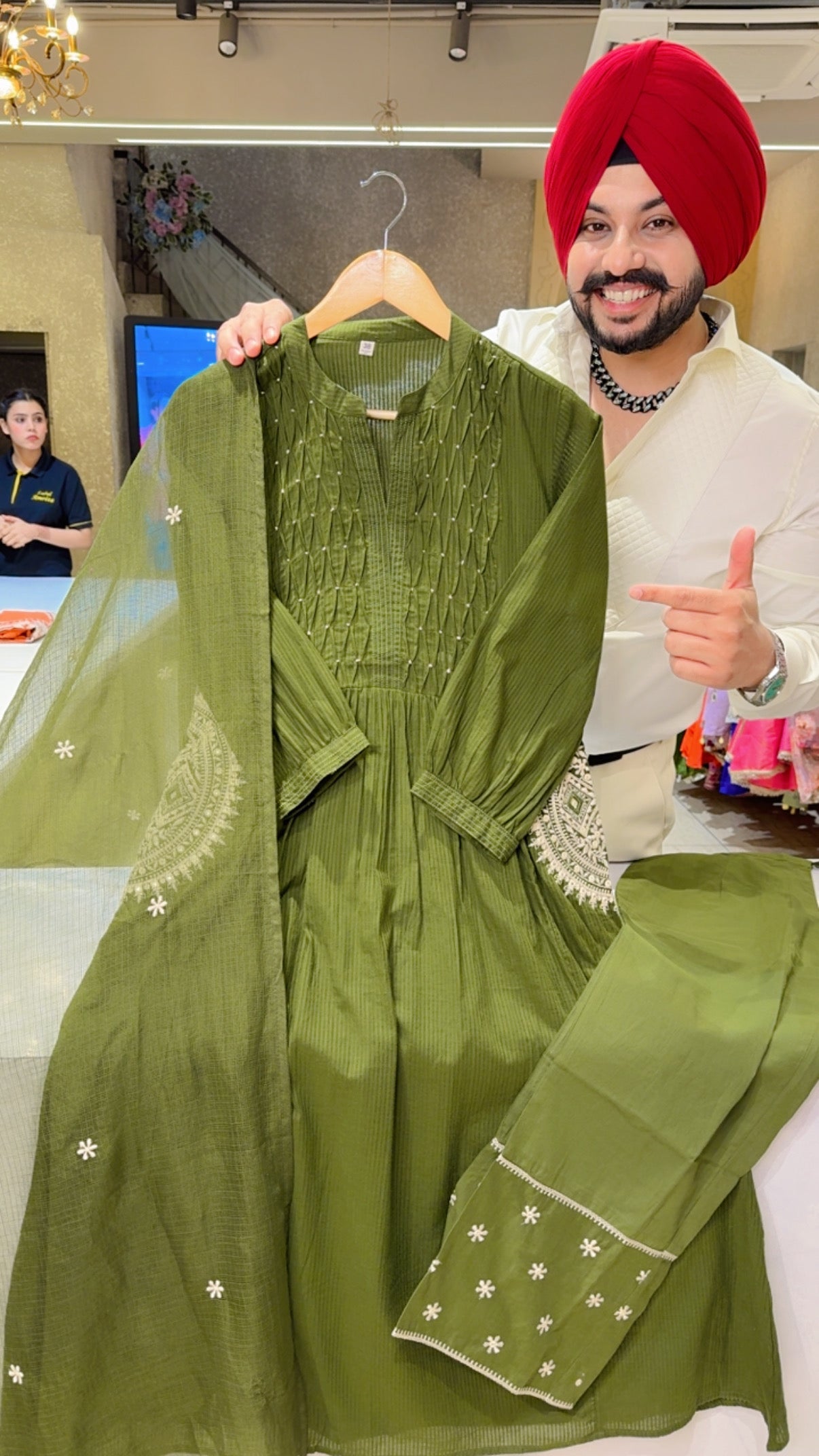 Leaf Green Colour Pure Cotton Designer embroidered A-line Suit with Beautiful Kota Doria Duppata