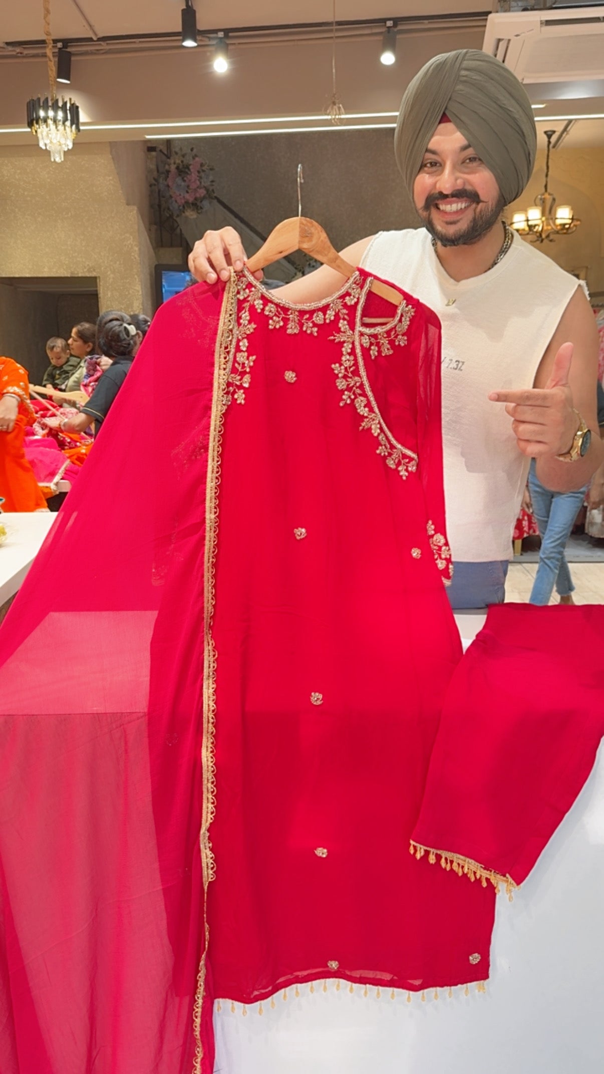 Rani Pink Georgette Party Wear Straight Suit With Hand embroidery Work on Designer Neck & Sleeves