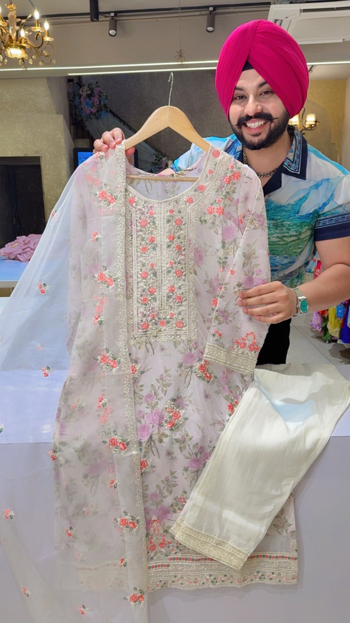 Off White & Multicolored Organza & Crepe Filly Embroidered Party Wear Straight Suit