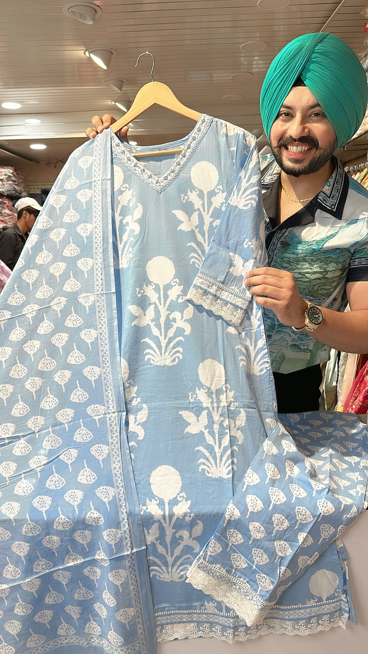 Light blue v-neck pure Cotton suit with Beautiful Duppata