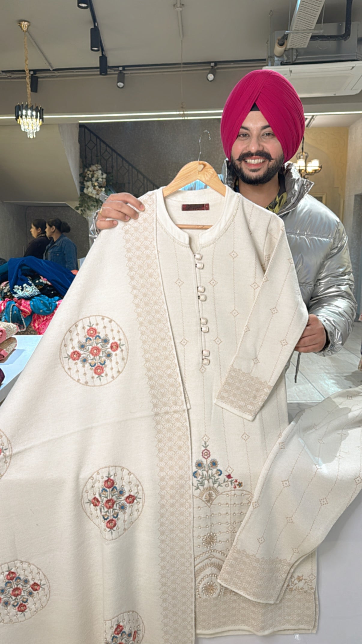 Off white premium Strechable Woolen straight Suit with Heavy embroidered Duppata