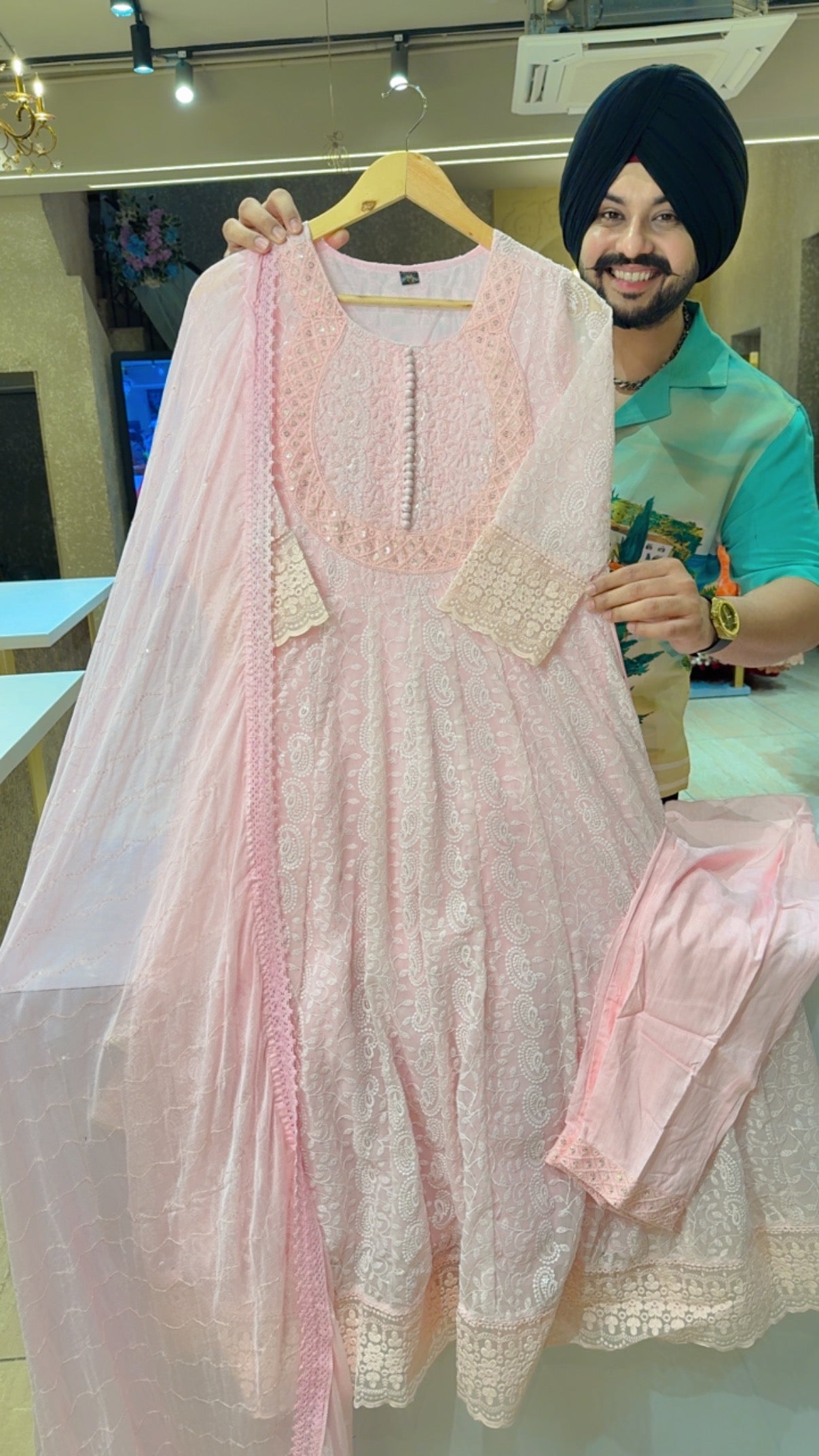 Baby Pink Georgette Fully Self Embroidered  Anarkali Suit with Hand embroidery work on neck Sequins work Chiffon Duppata