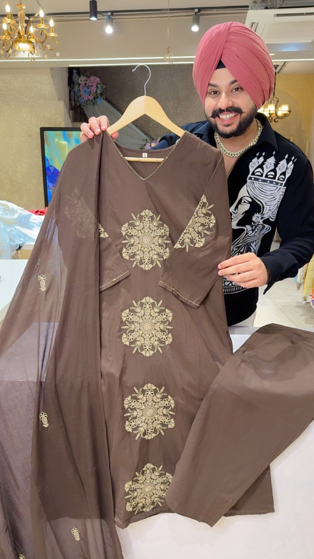 Dark Brown Pure Cotton Embroidered Semi Formal Straight Suit with Beautiful Duppata