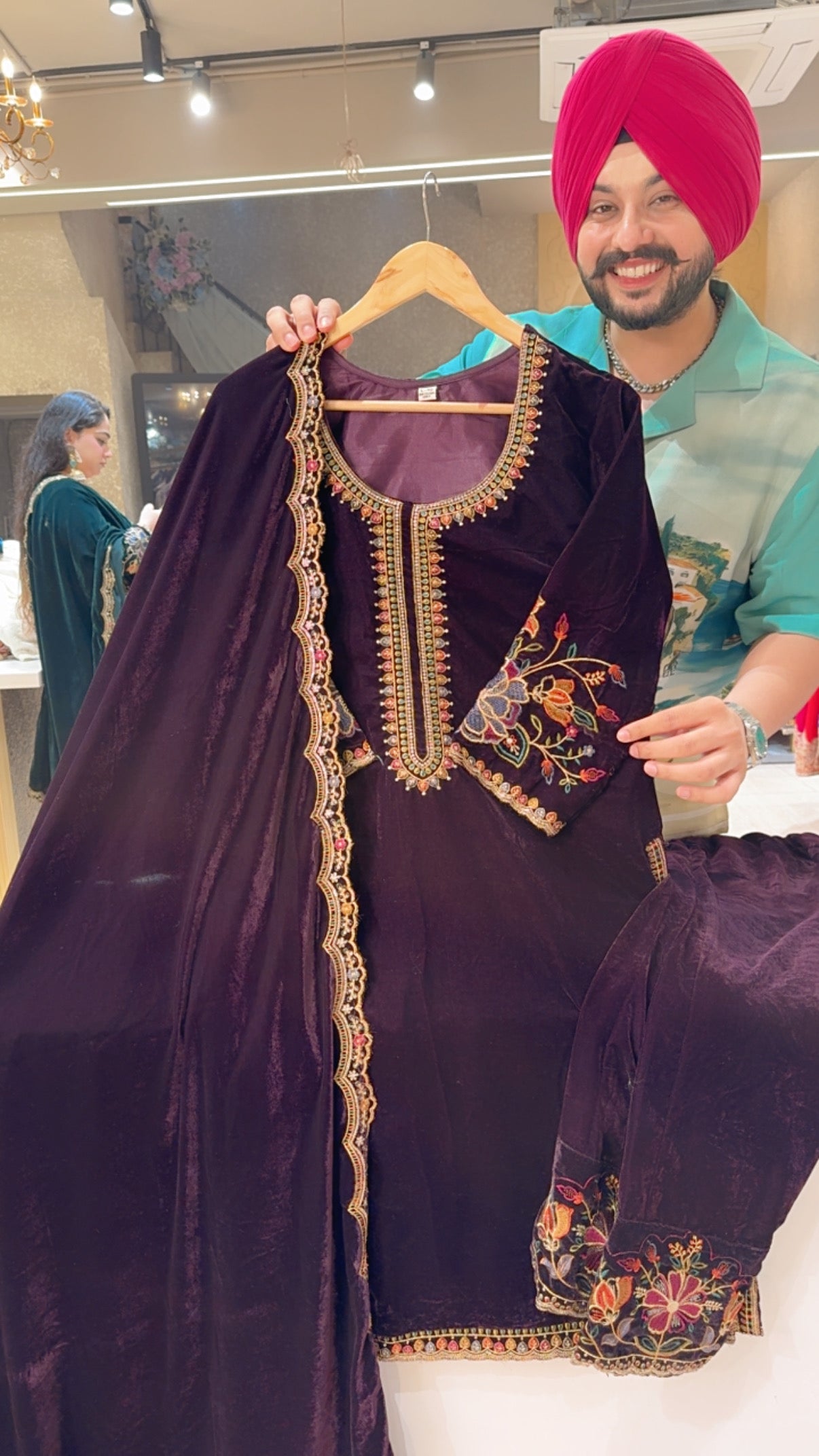 Wine Velvet Party Wear Straight Suit with Heavy Embroidery Work on Back