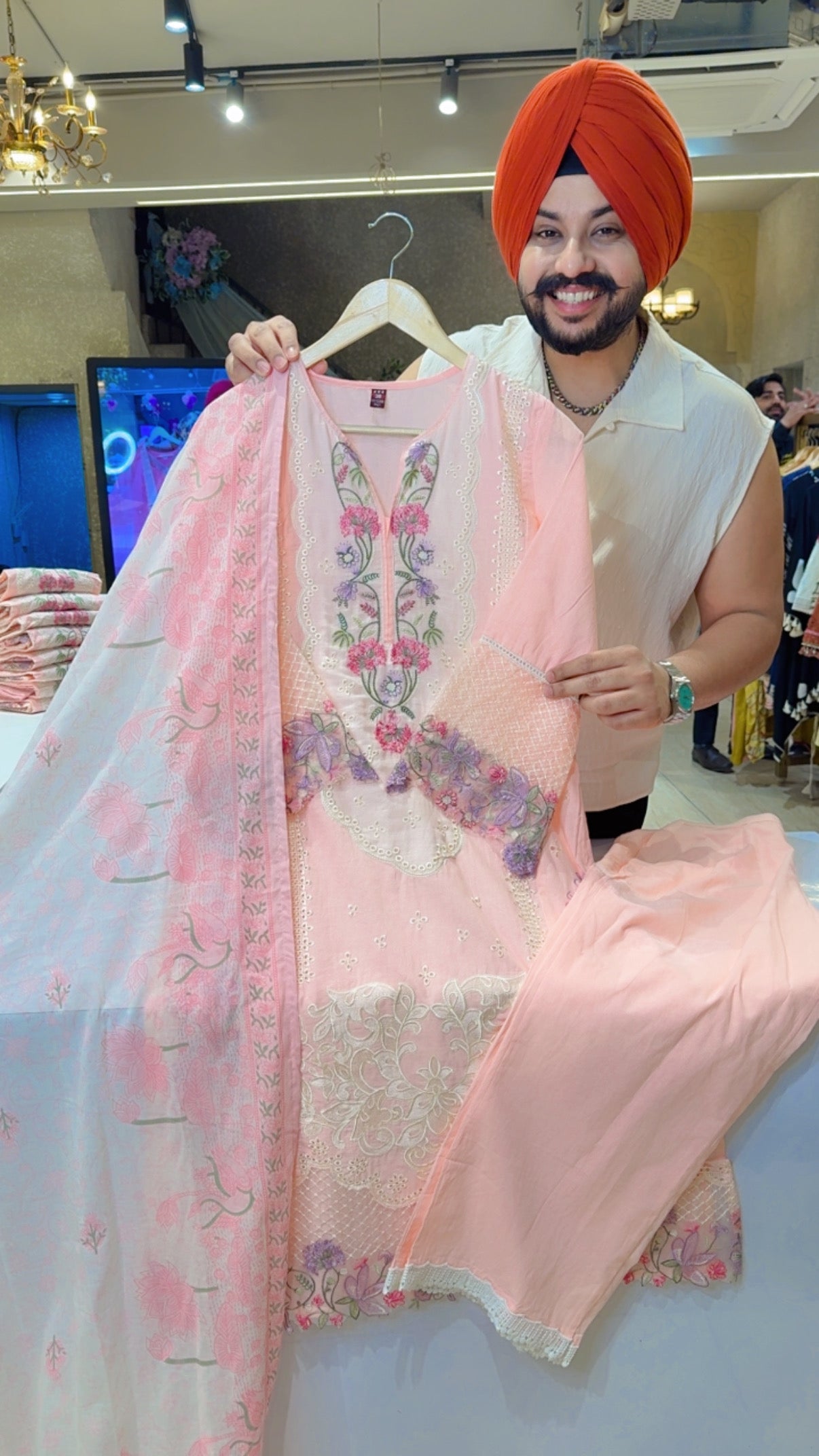 Baby Pink Cotton Fully embroidered Light Party Wear Kashmiri Suit