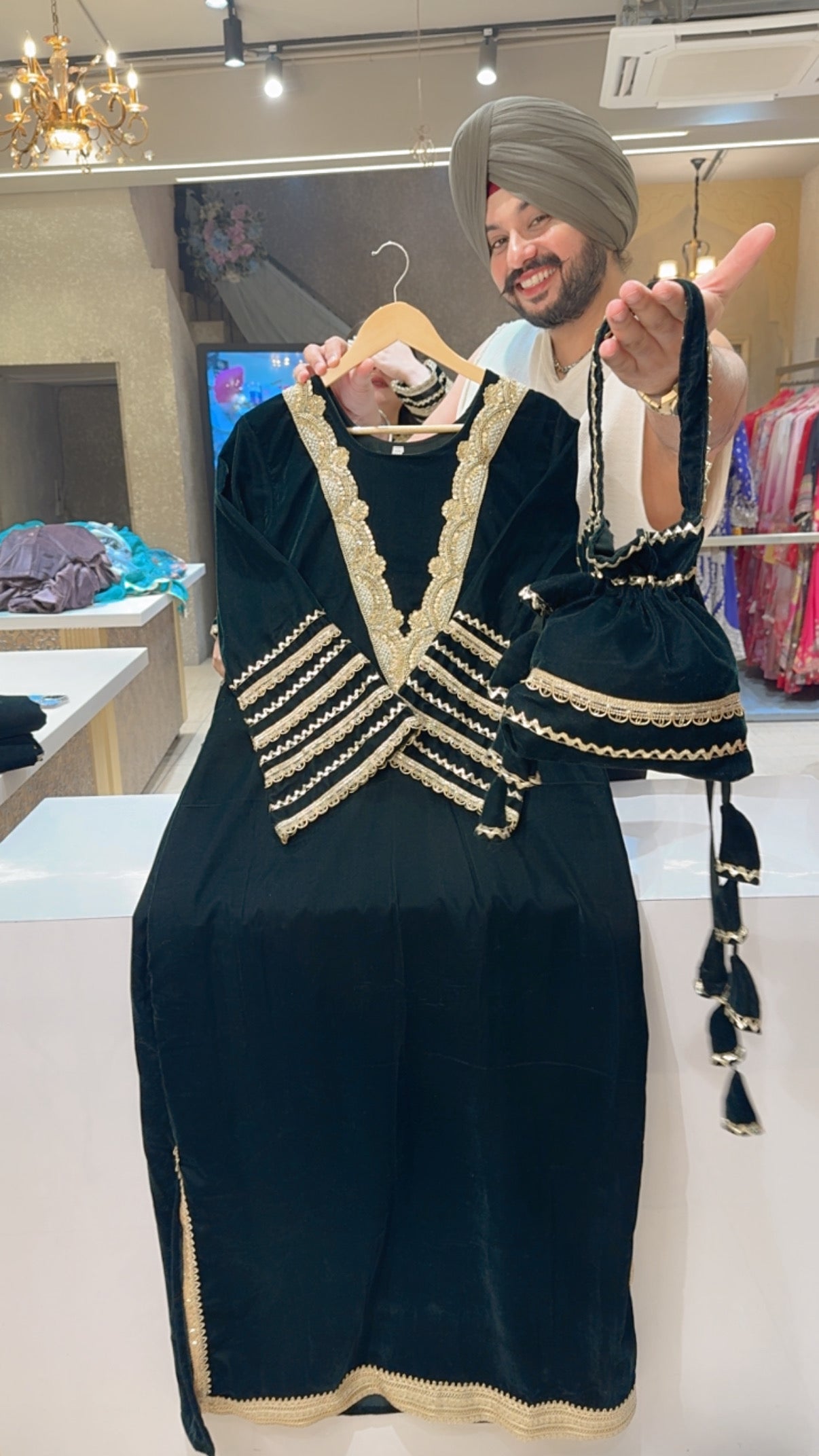 Bottle Green Velvet Heavy Embroidered & Gotta Work Straight side Slit One Piece With Cute Potli