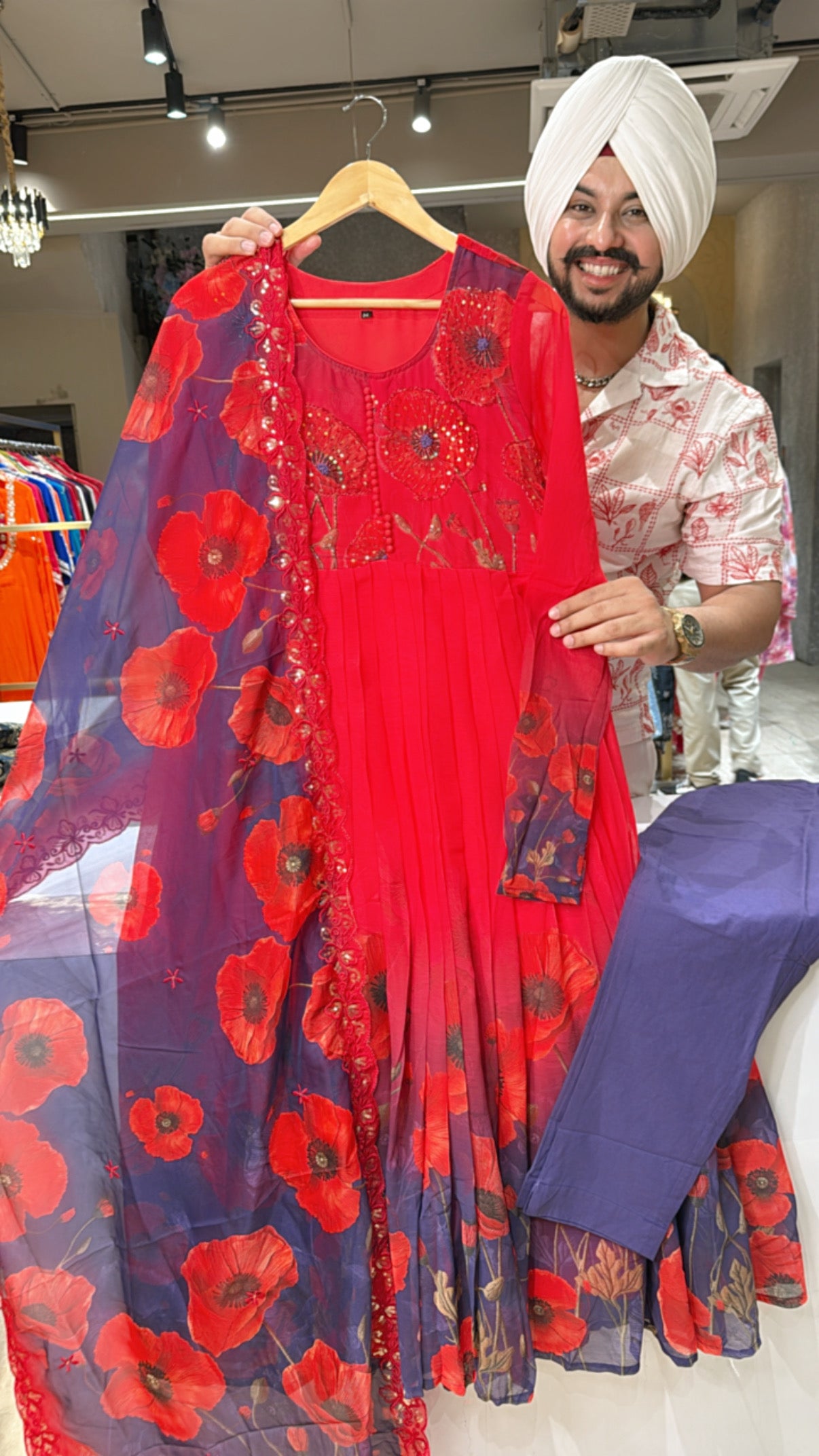 Vibrant Gajri Soft Chiffon Floral Print Hand Embroidered Anarkali Suit with Beautiful Sequins work Organza Duppata