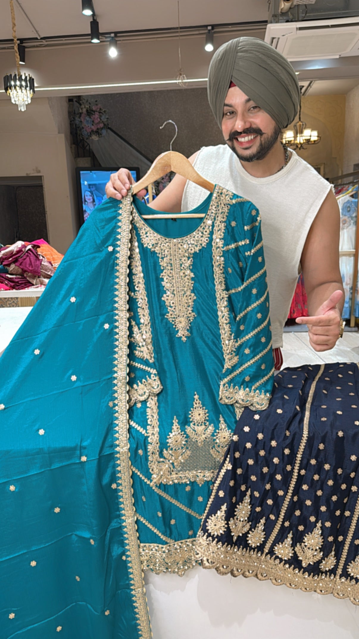 Rama green & Blue Chinon Heavy embroidered Skirt Set with embroidered Duppata