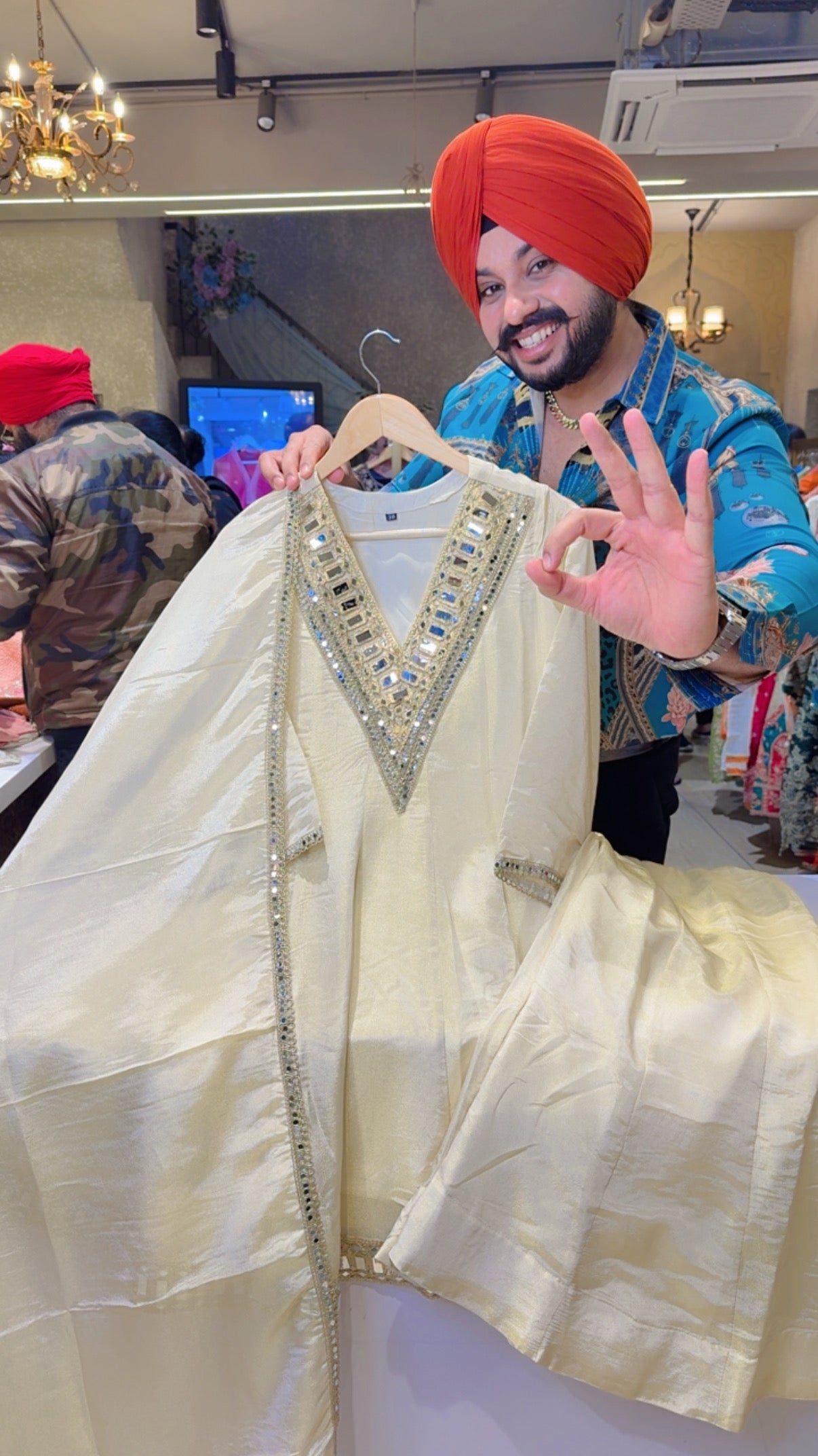 Ivory Gold Shimmer Silk Paplum Bell Botton Sharara Suit with Beautiful Mirror Work on it