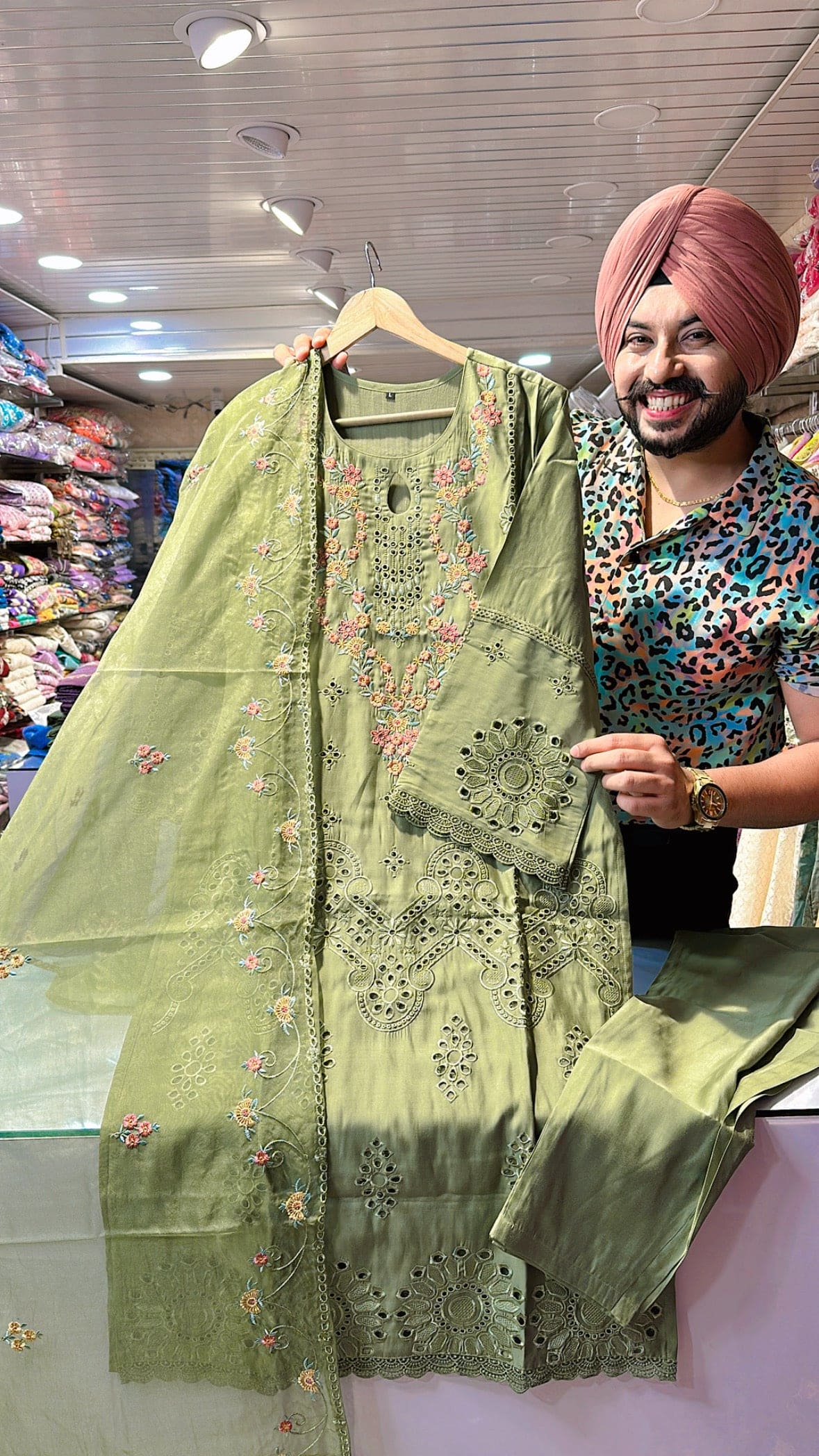 Light Green Roman Silk Pakistani Suits with Organza Duppata