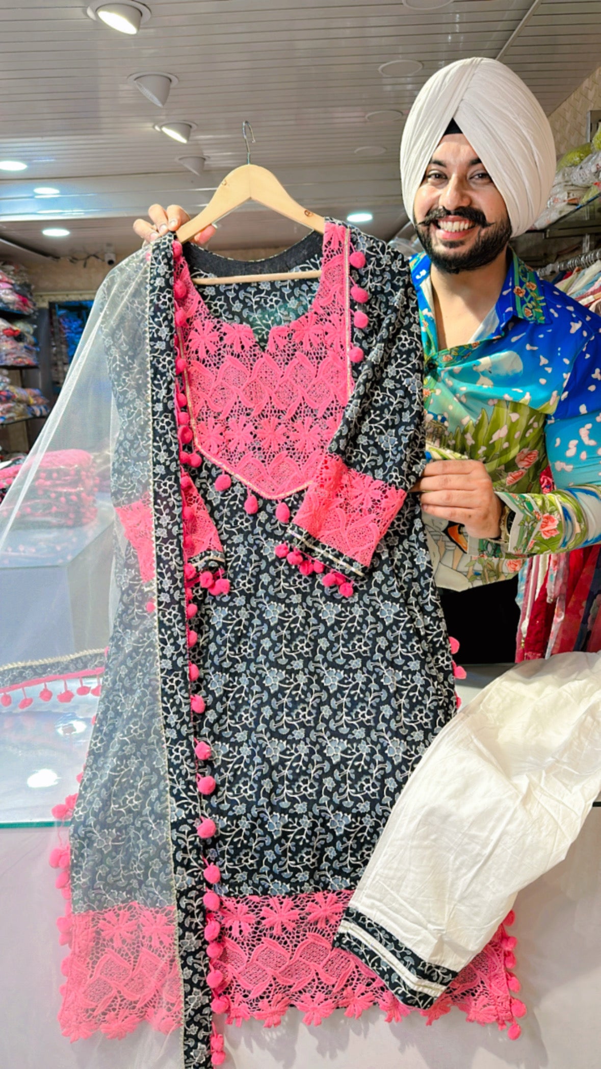 Pink black Pure Cotton Pom Pom suit with Pink Crochet Work on neck & Duppata