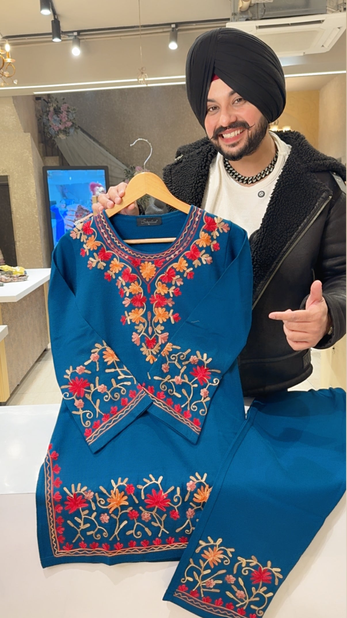 Blue Soft Woolen Kashmiri Embroidered Coord set With Beautiful Embroidered Pants