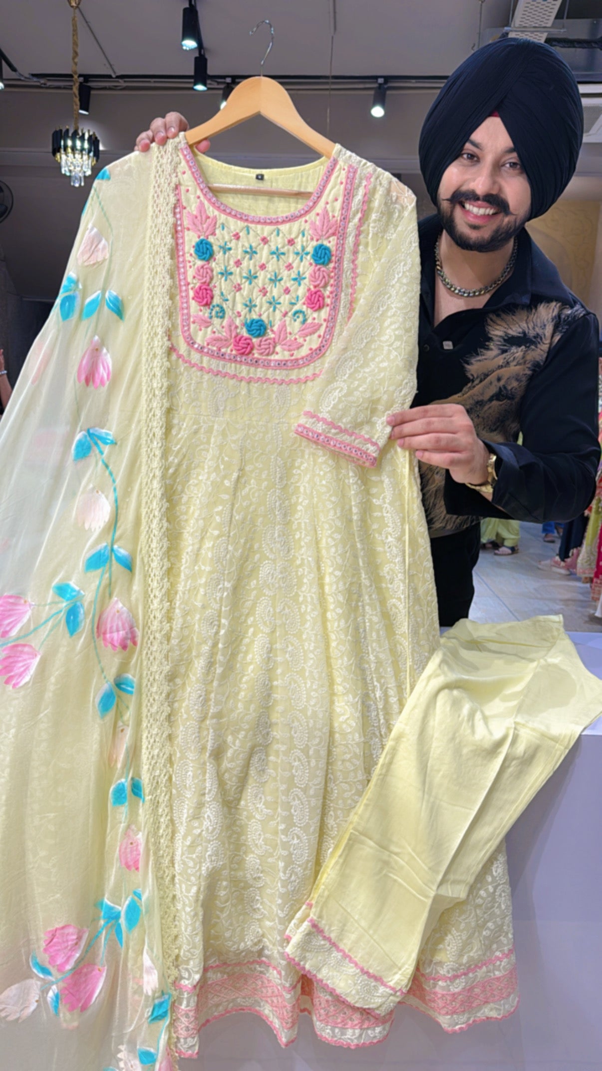 Georgette Heavy Self embroidered Anarkali Suit with Hand embroidery work on neck & hand painted Chiffon Duppata