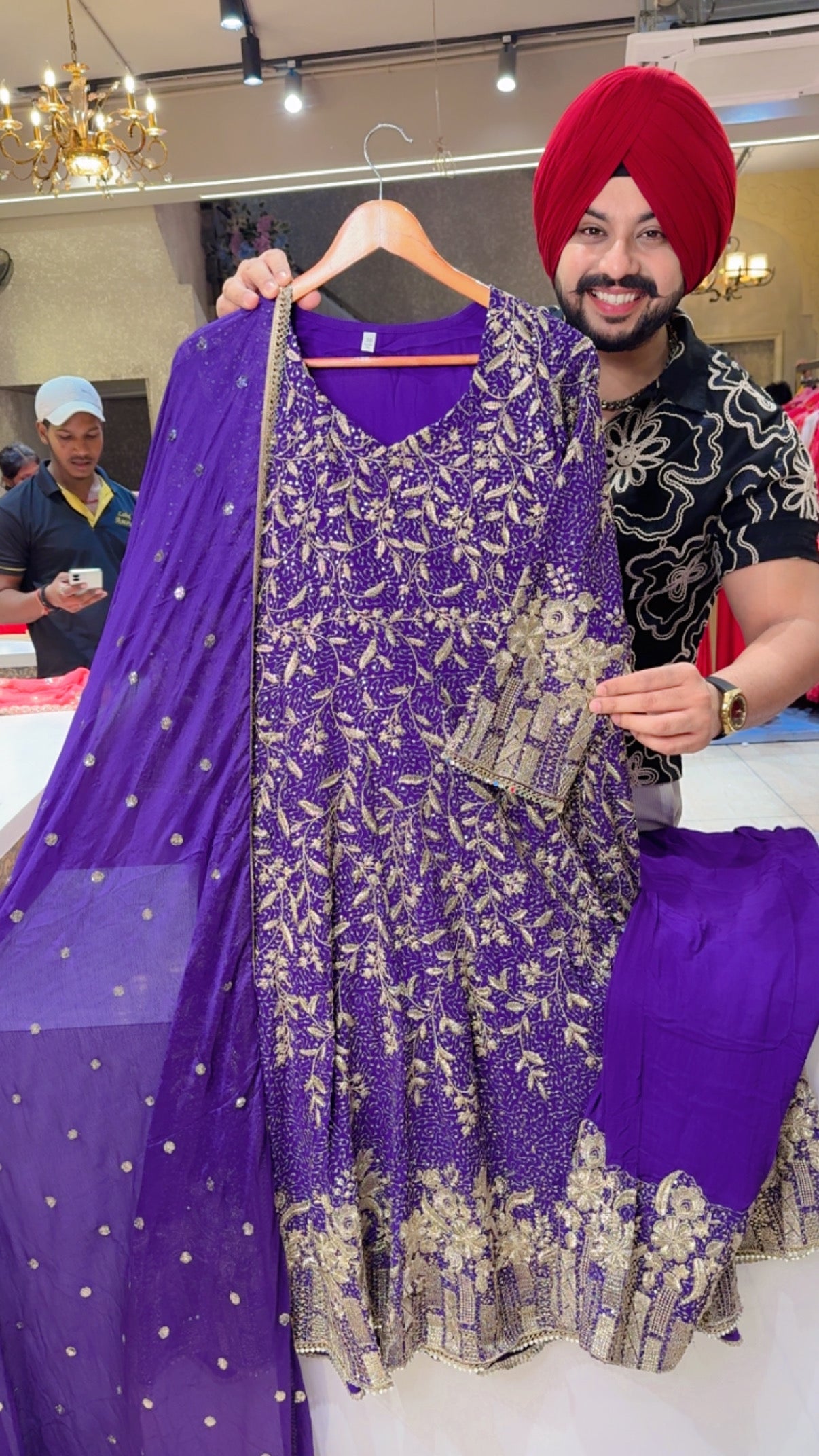Purple Georgette Heavy Embroidered PartyWear Anarkali Suit with Embroidered Pants & Sequins work Chinon Duppata