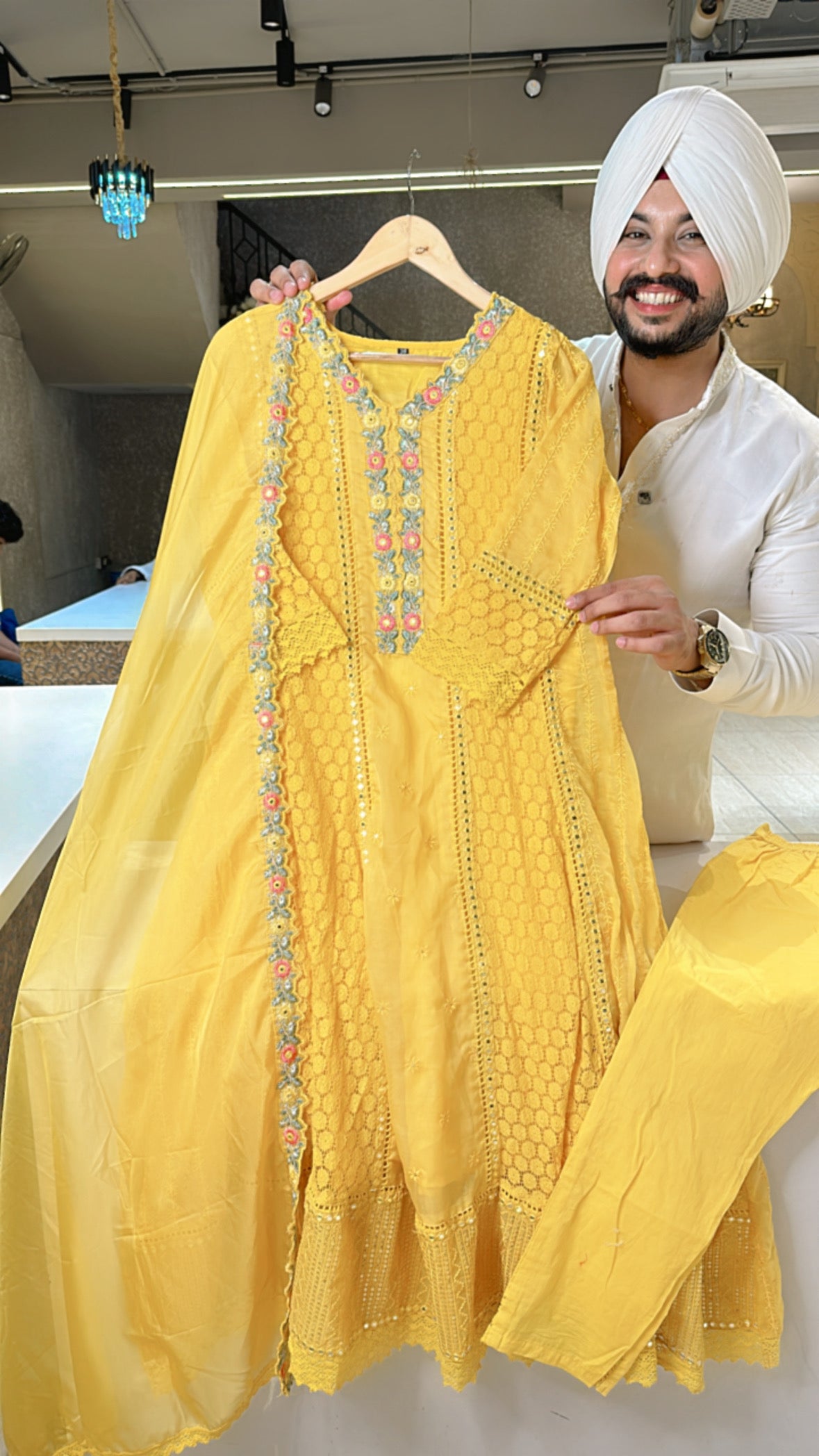 Yellow Crochet & organza Anarkali Suit with Beautiful organza Duppata