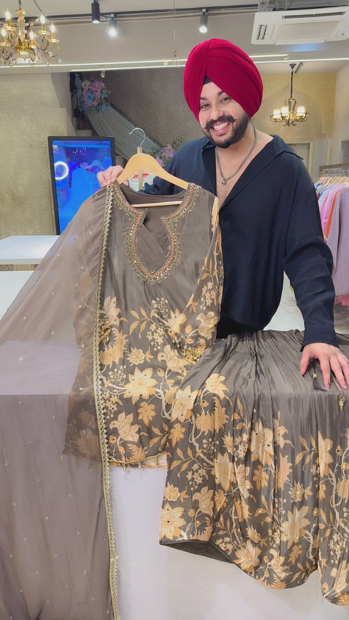 English Brown Chinon Floral Print Full Flair Skirt Set with Hand embroidery Work on Neck
