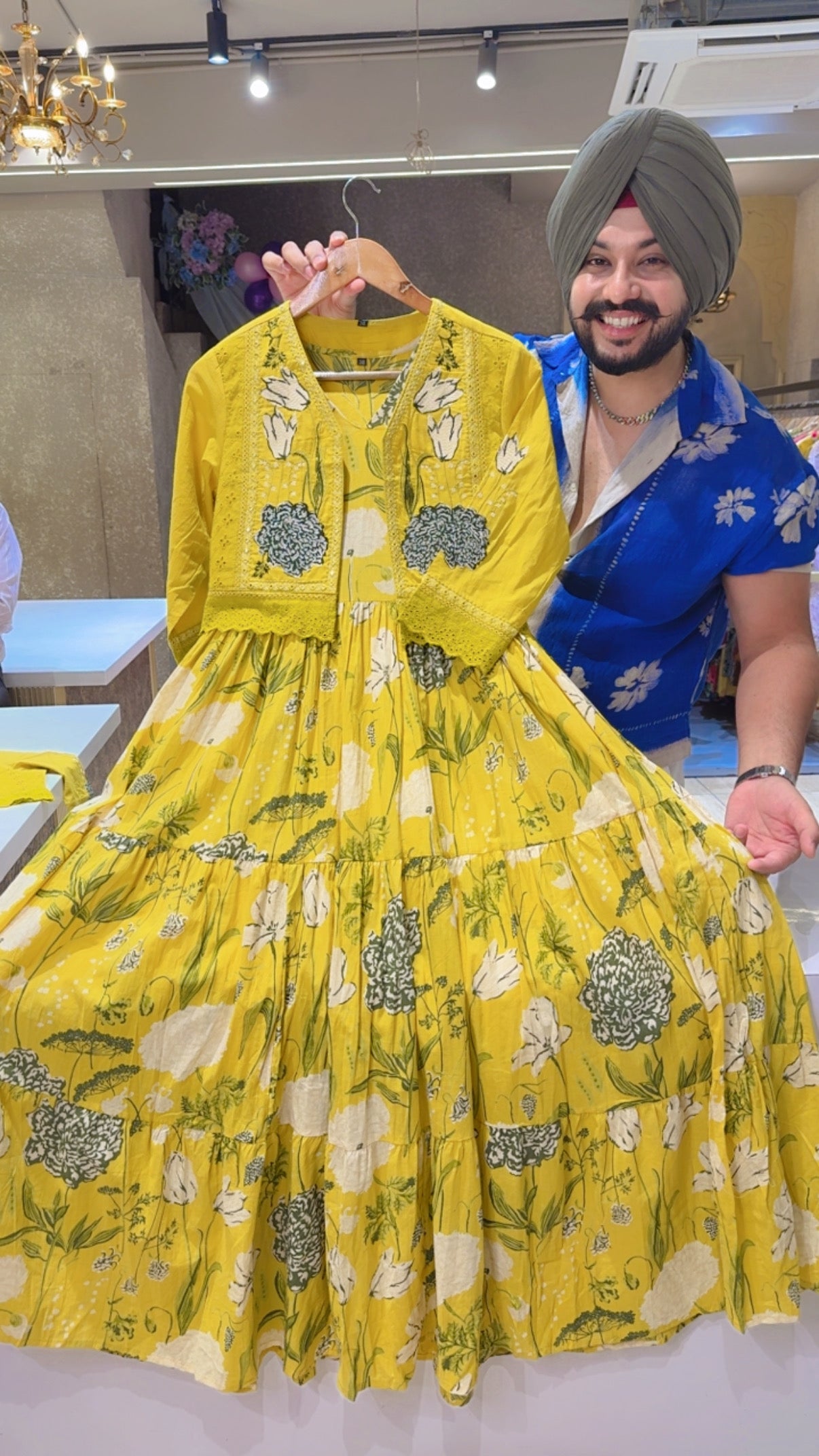 Lime Yellow Pure Cotton Indo Western Dress with embroidered Short Jacket