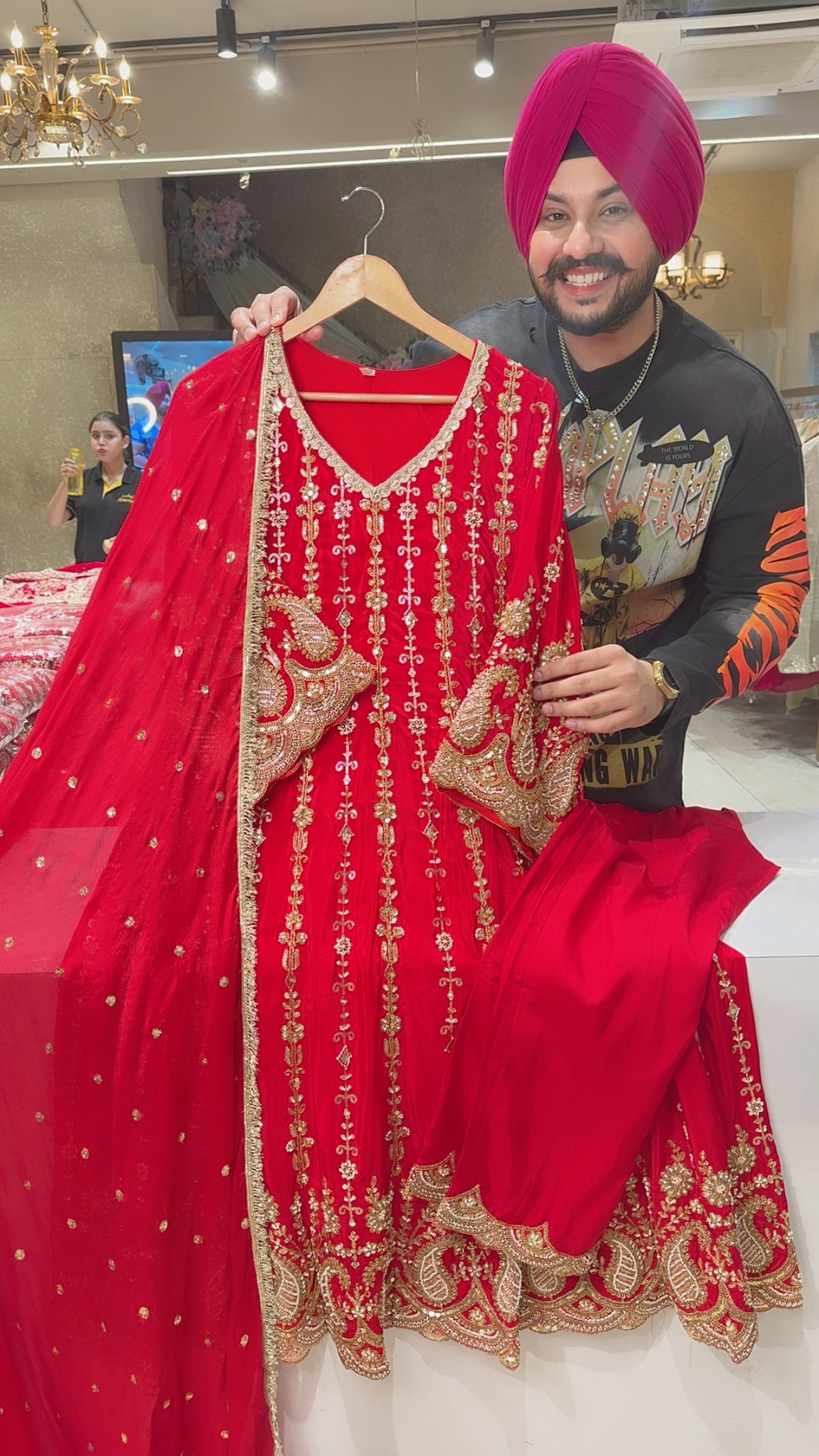 Red Crepe Fully Hand Embroidered Anarkali Suit with Heavy Work on Sleeves & Border