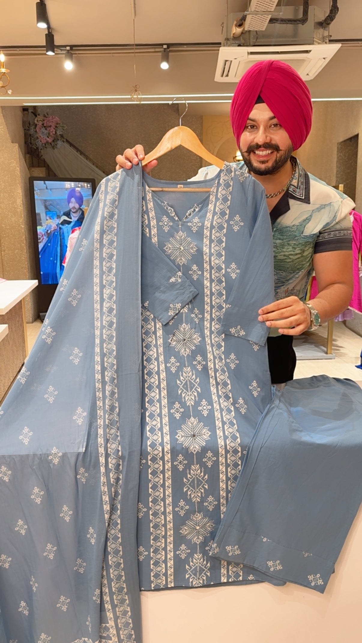 Powder Blue Soft Cotton Office Wear straight Suit with sleek Hand embroidery Work on it