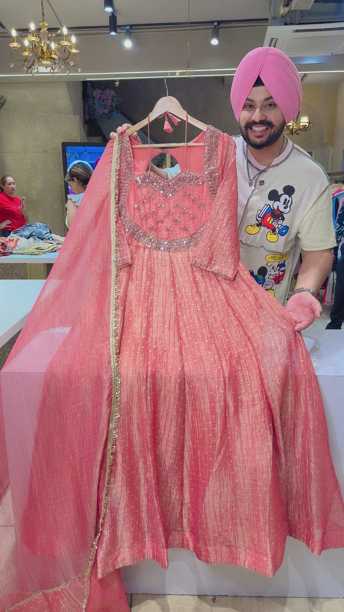 Peachish Pink Salsa Fabric Mirror Work Designer Front & Back Neck Partywear Anarkali Gown
