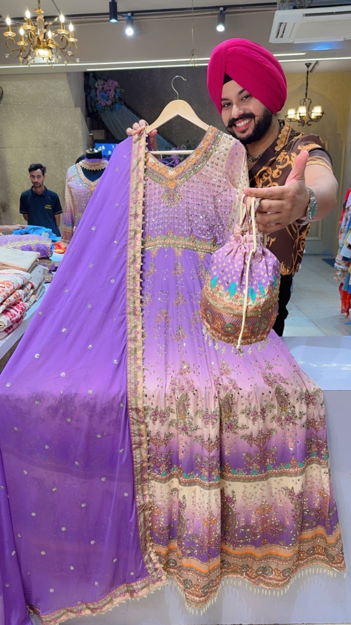 Lilac Crepe Heavy Embroidered & Mirror Pasting Party Wear Anarkali Gown With Sequins work Chinon Duppata & Cute Potli
