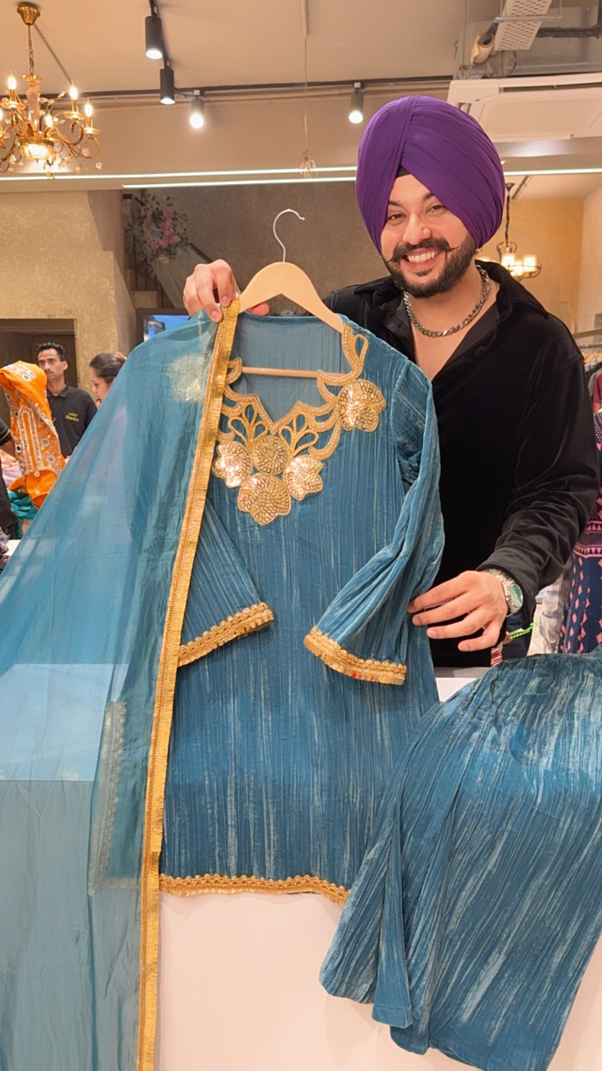 Sea Blue Crush Velvet Indowestern party Wear suit with heavy patch Work on designer neck