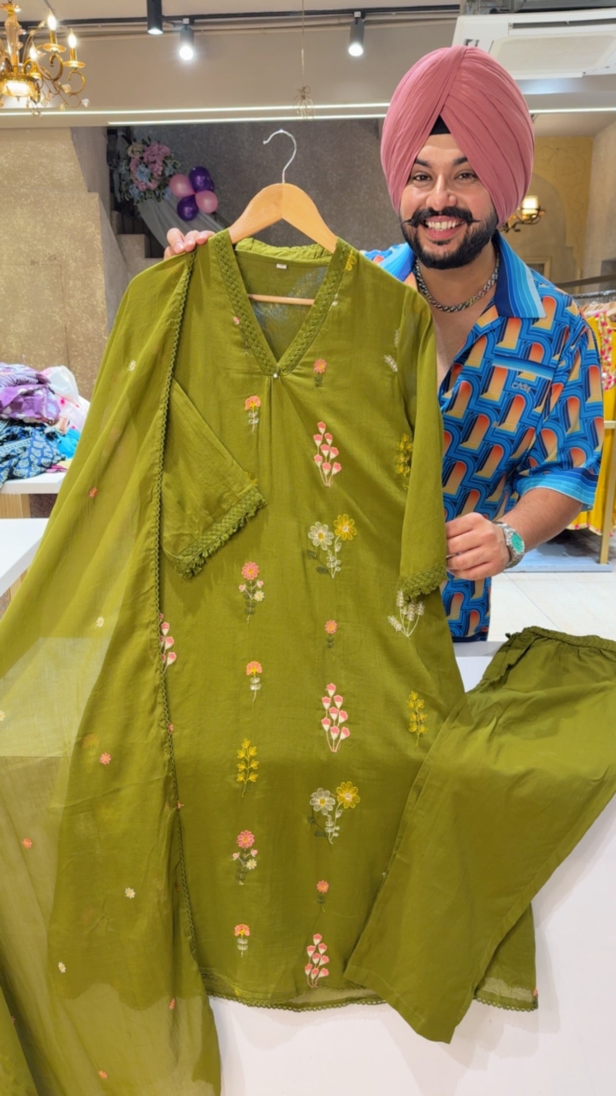 Mehendi Green Mal Cotton Floral Embroidered A-line Suit