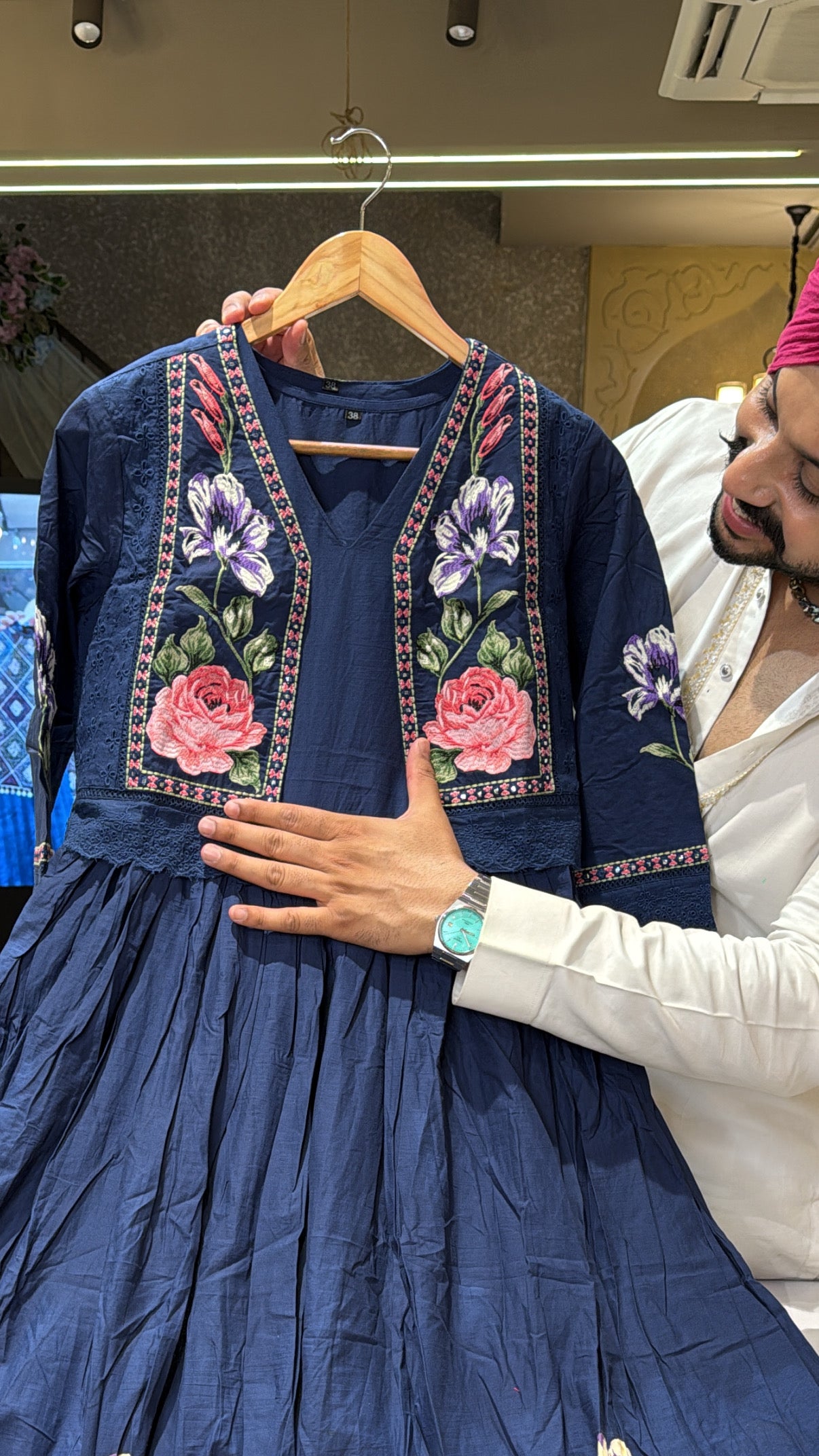 Dark Blue Pure Cotton Full Flair Indowestern Dress with stylish Embroidered Short jacket