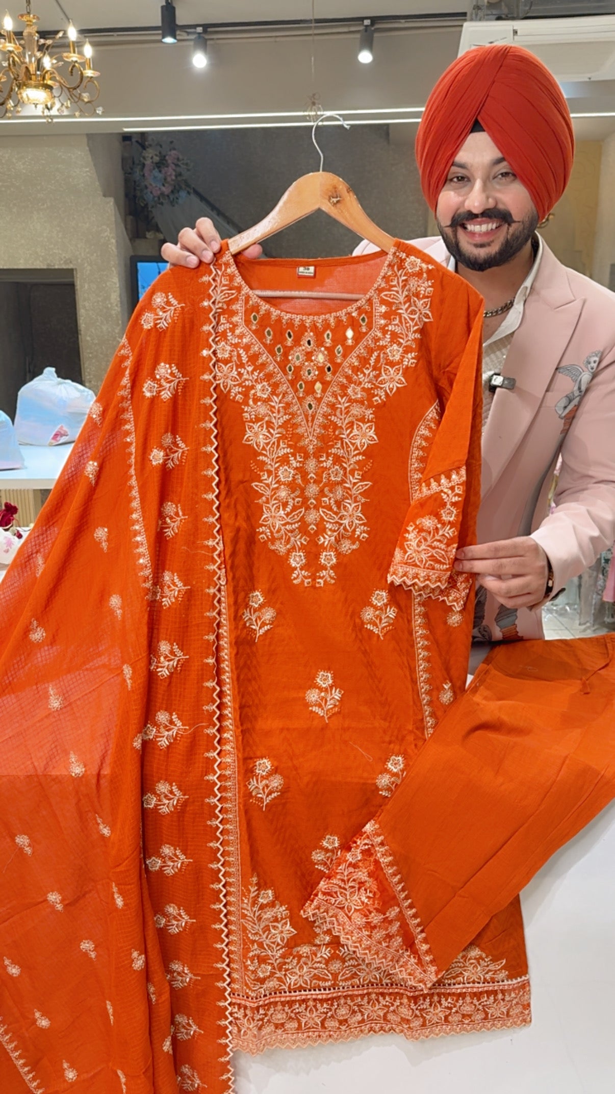 Rusty Orange Jaquard cotton Fully Embroidered Party Wear Suit with Embroidered Pants & Kota Doria Duppata
