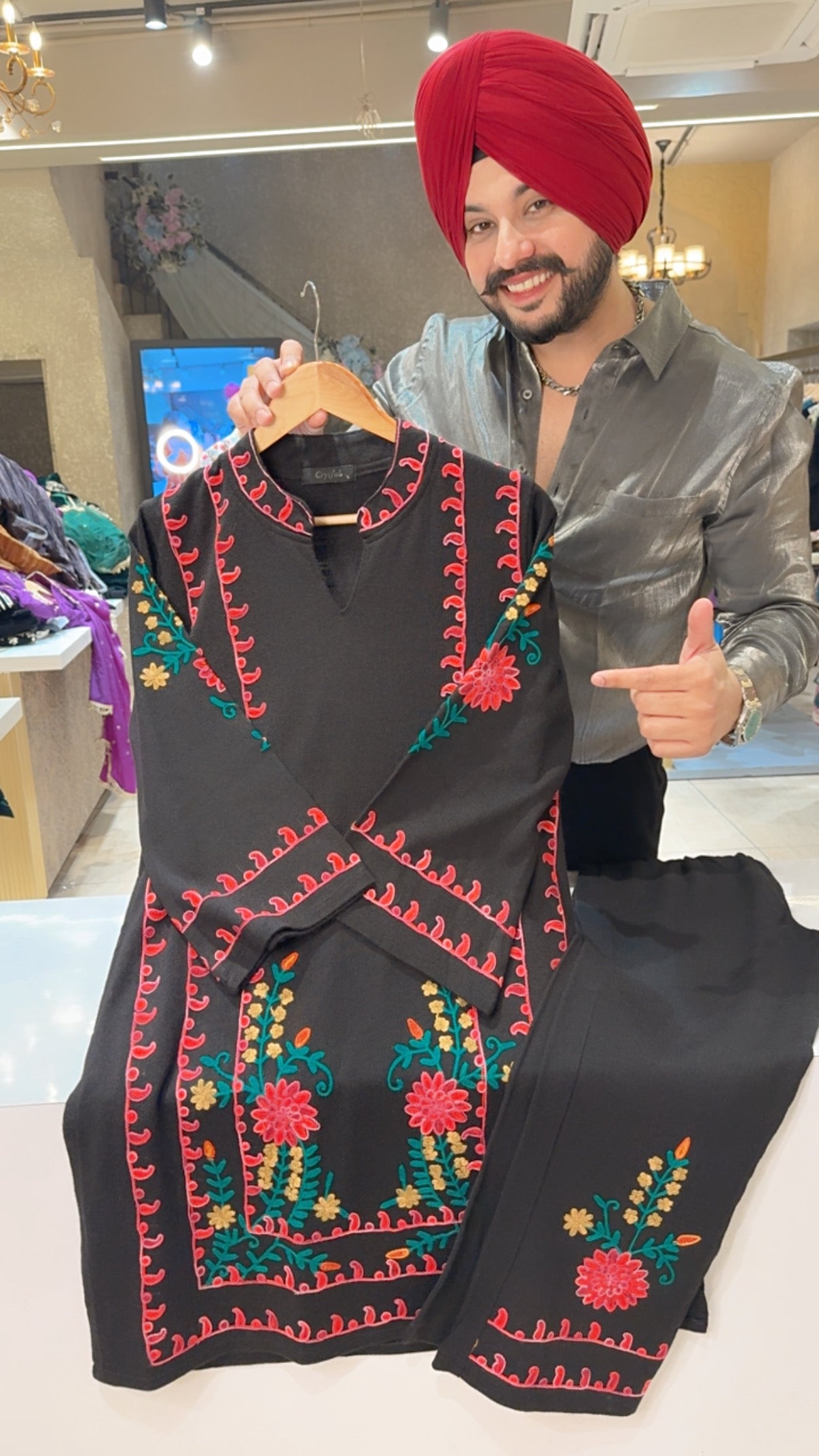 Black premium Strechable Woolen Long Length Kashmiri Embroidered Coord set