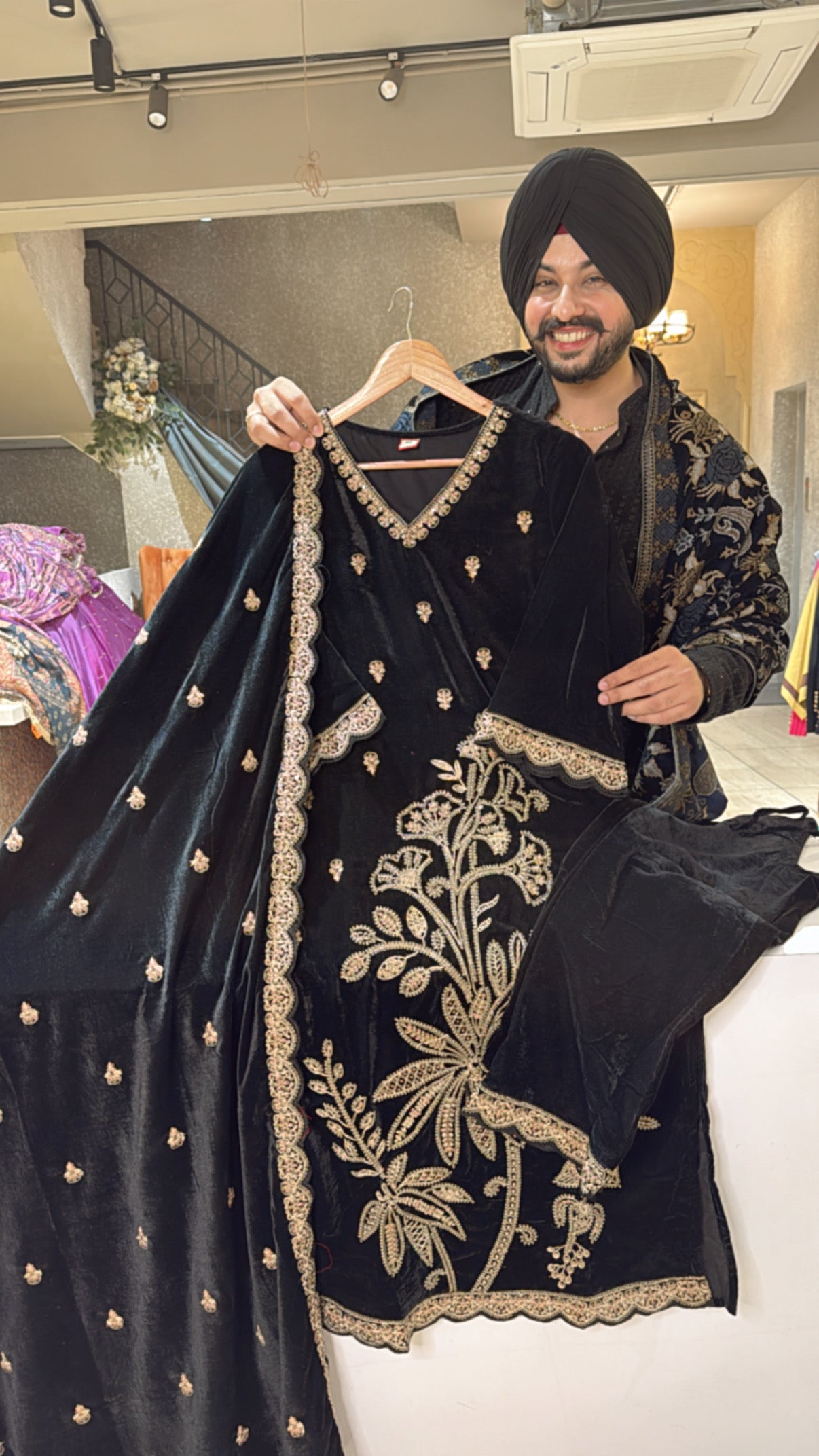 Black Velvet Heavy embroidered Pakistani Straight Suits with Beautiful Duppata