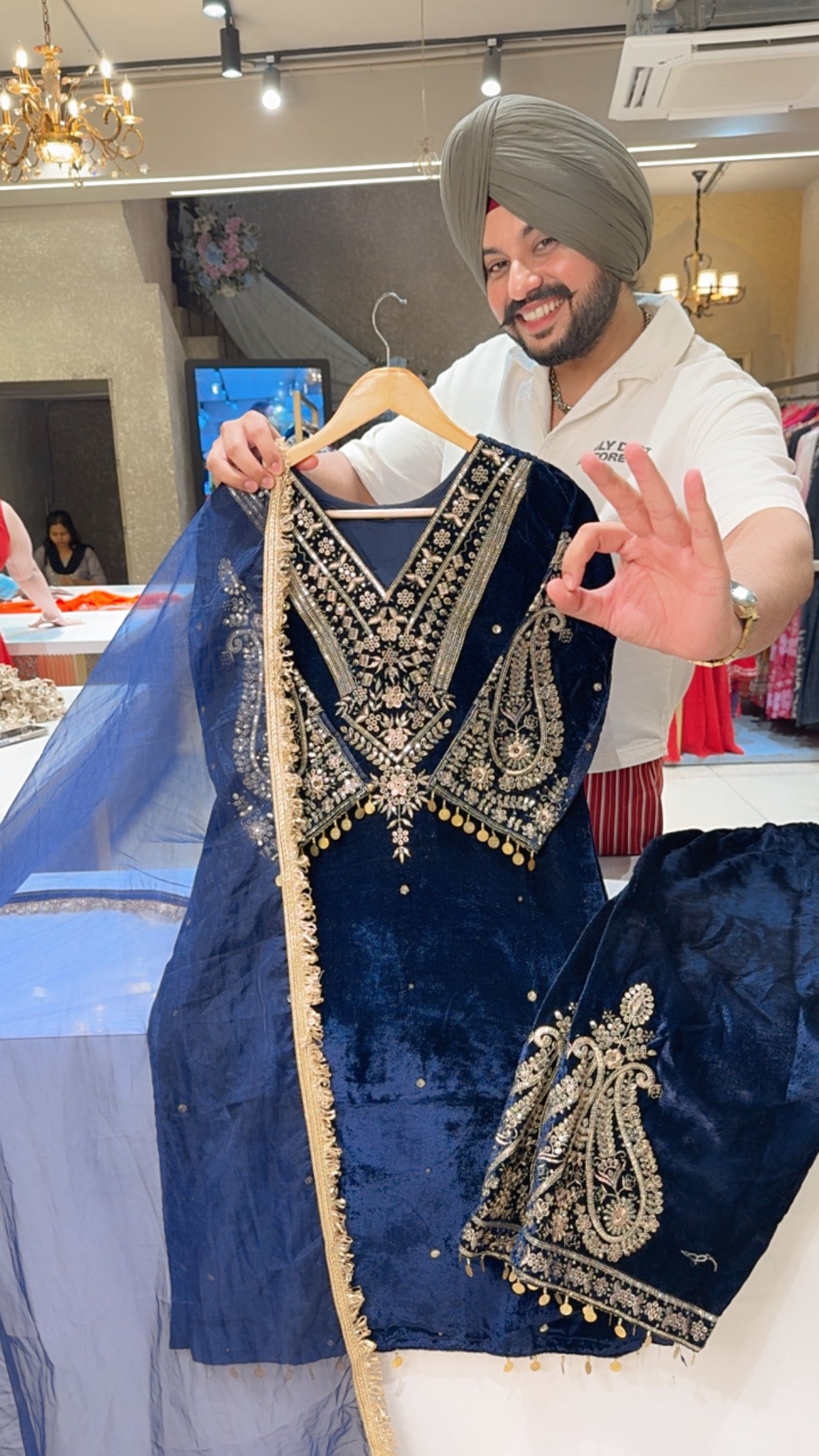 Navy Blue Glossy Velvet Indowestern Straight Suit With Heavy embroidery Work on neck Sleeves & Pants