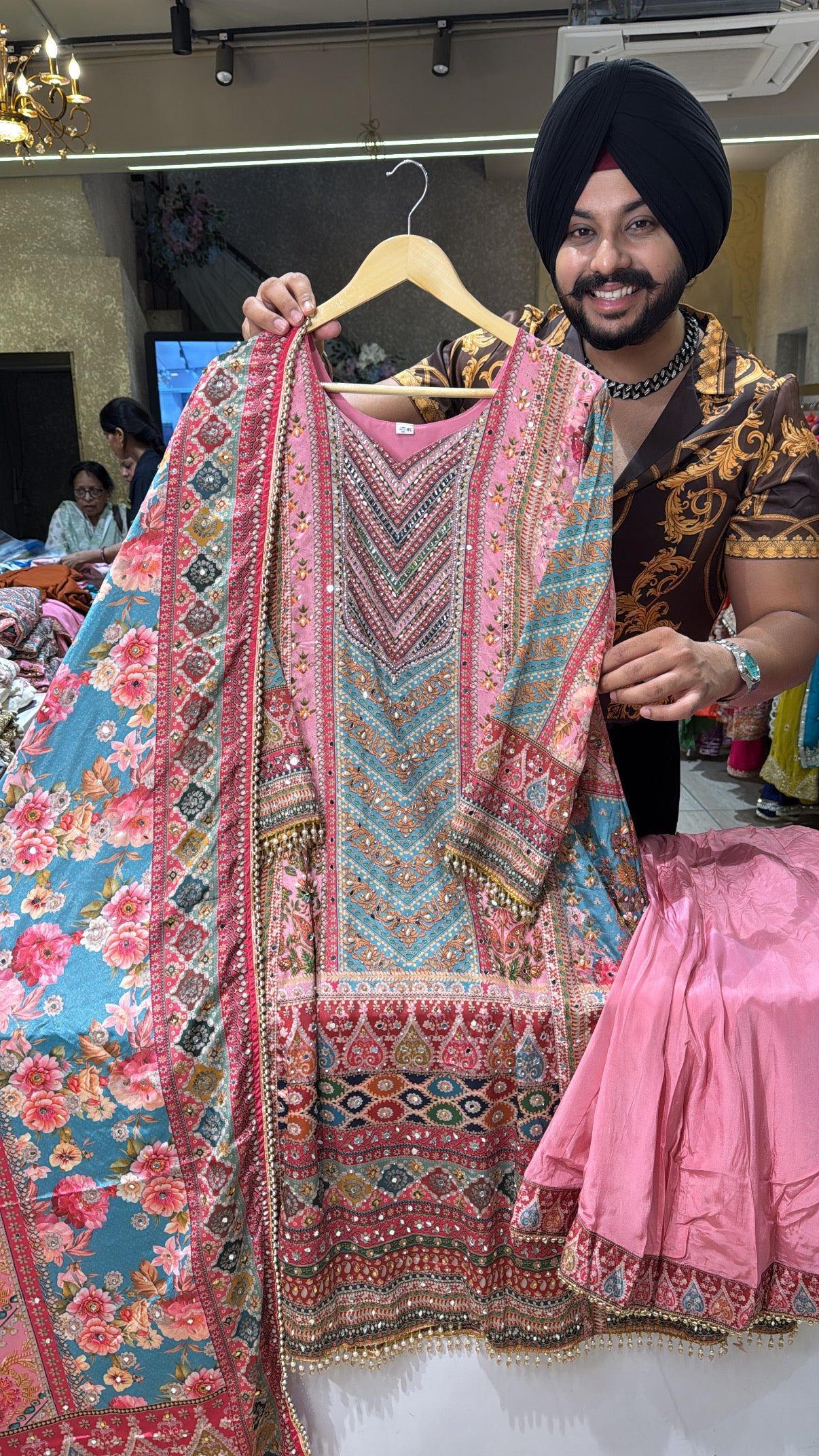 Pink & Multicolored Premium Crepe Heavy Pearl & Mirror Pasting A-line Sharara Suit