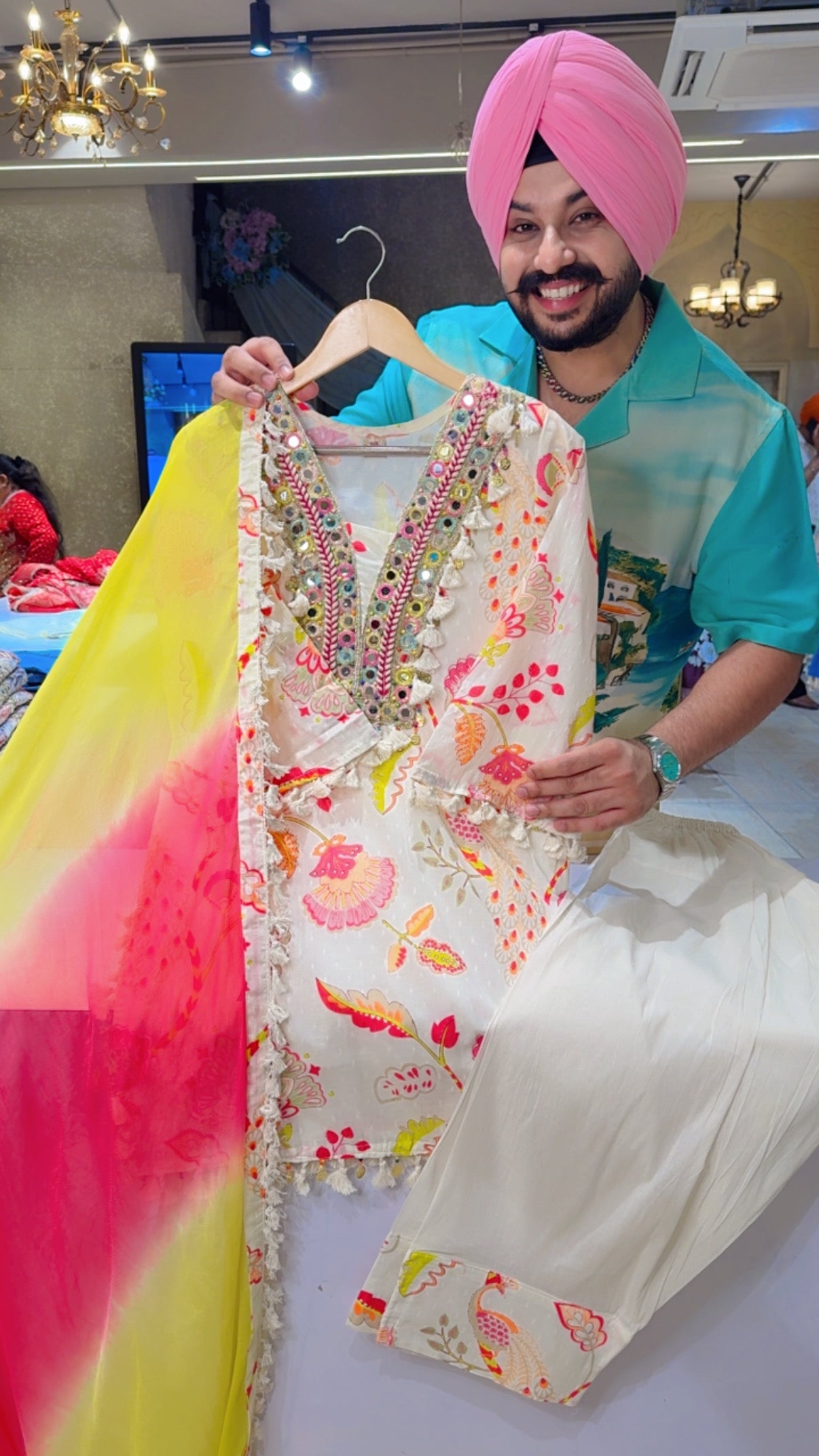 Off white & Multicolored Kora cotton Hand Embroidered Farshi Salwar Indo western suit with Beautiful Duppata