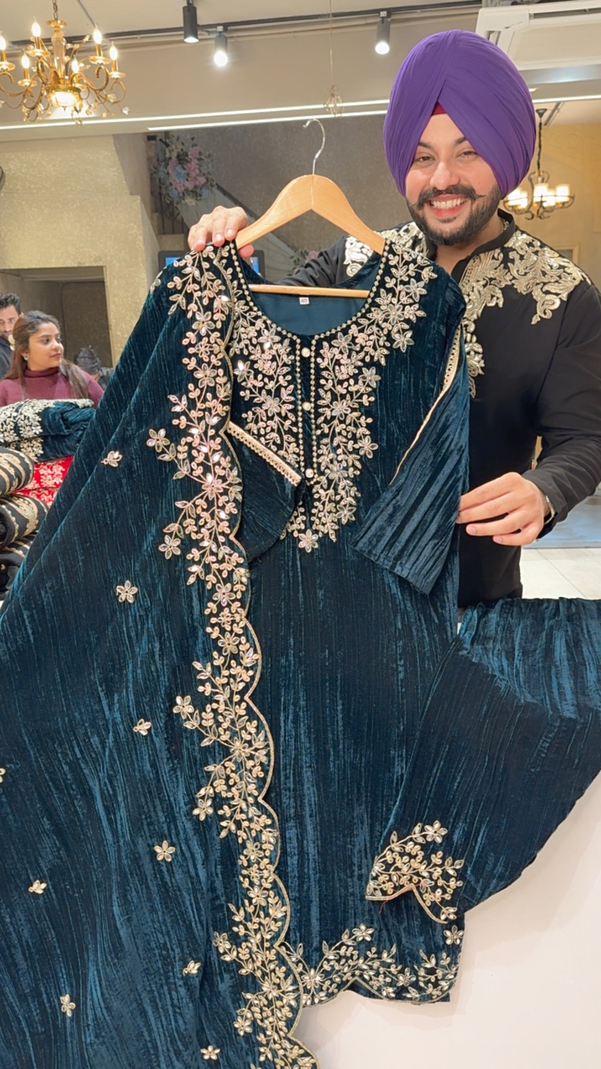 Peacock Premium Crush Velvet Heavy Embroidered Straight Suit with Full Length Heavy Duppata