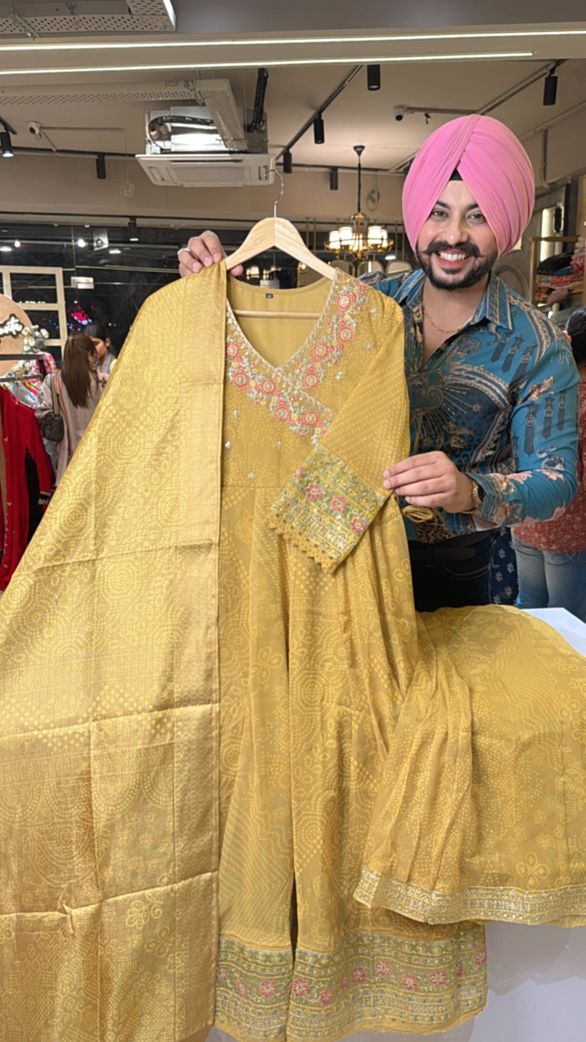 Mustard shimmer organza Angrakha Anarkali suit with Sharara