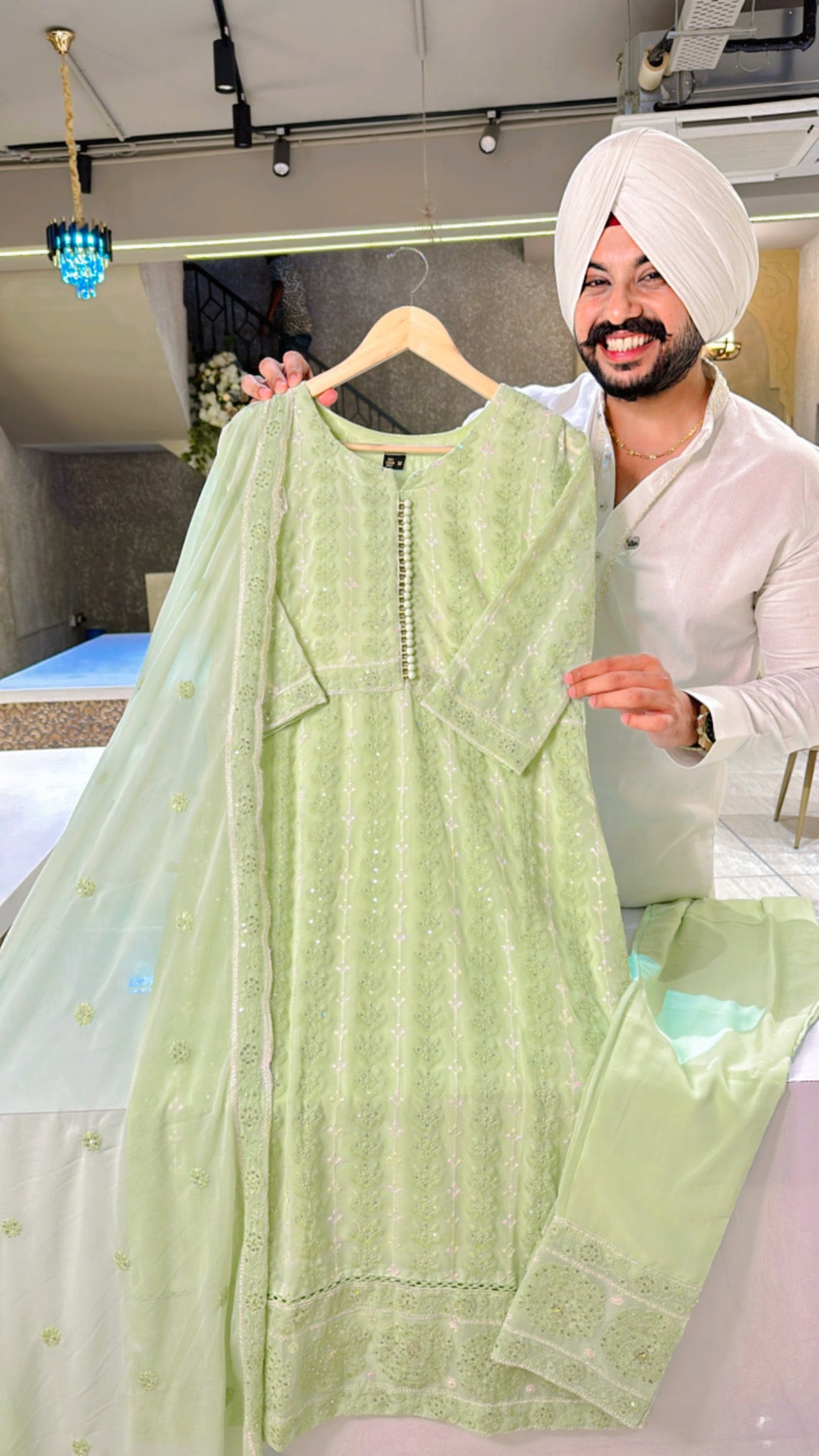 Light green Georgette fully embroidered straight Suit