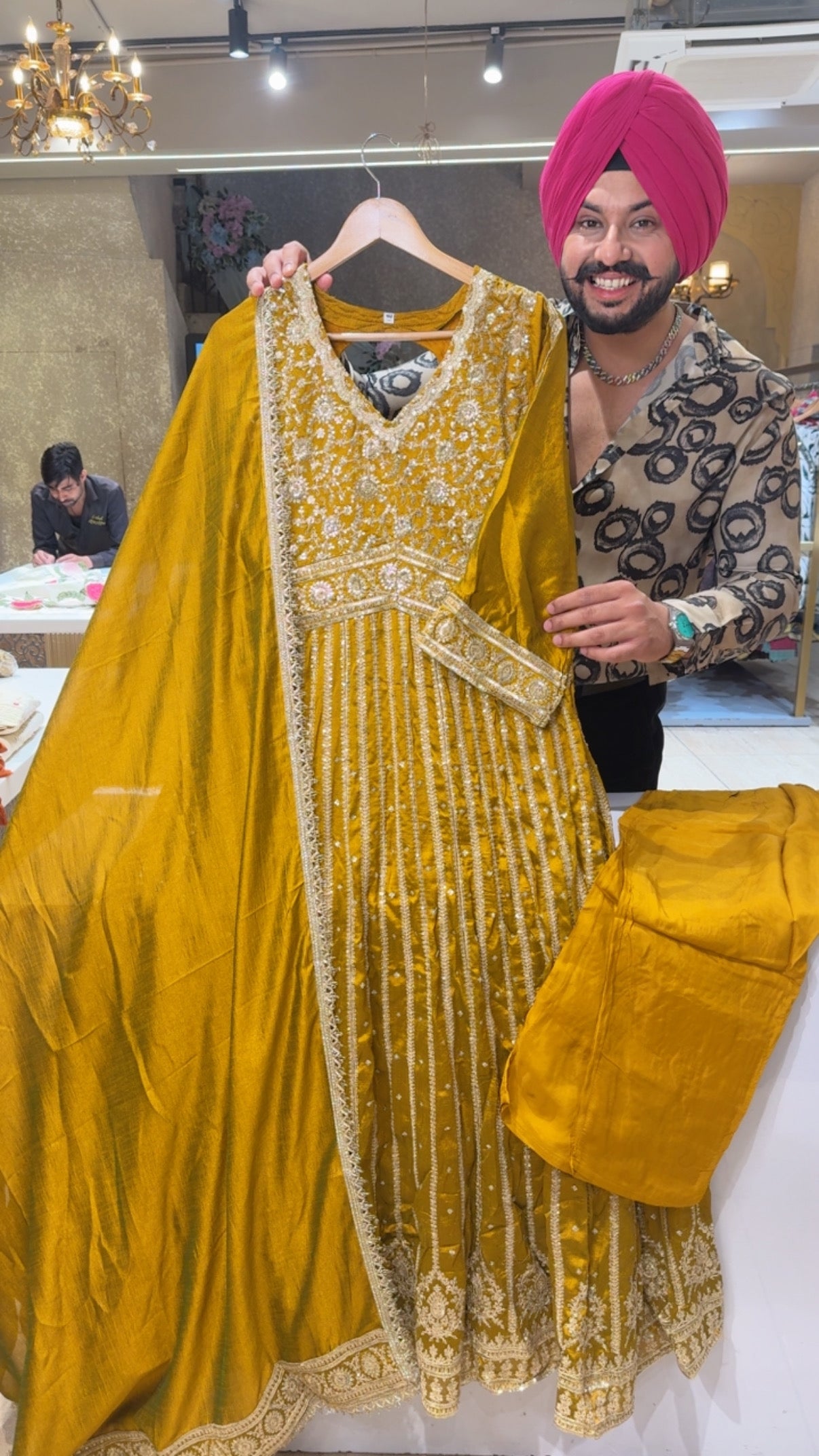 Goldenish Mustard Chinon Fully Embroidered Semi Backless Floor length Party Wear Anarkali Suit