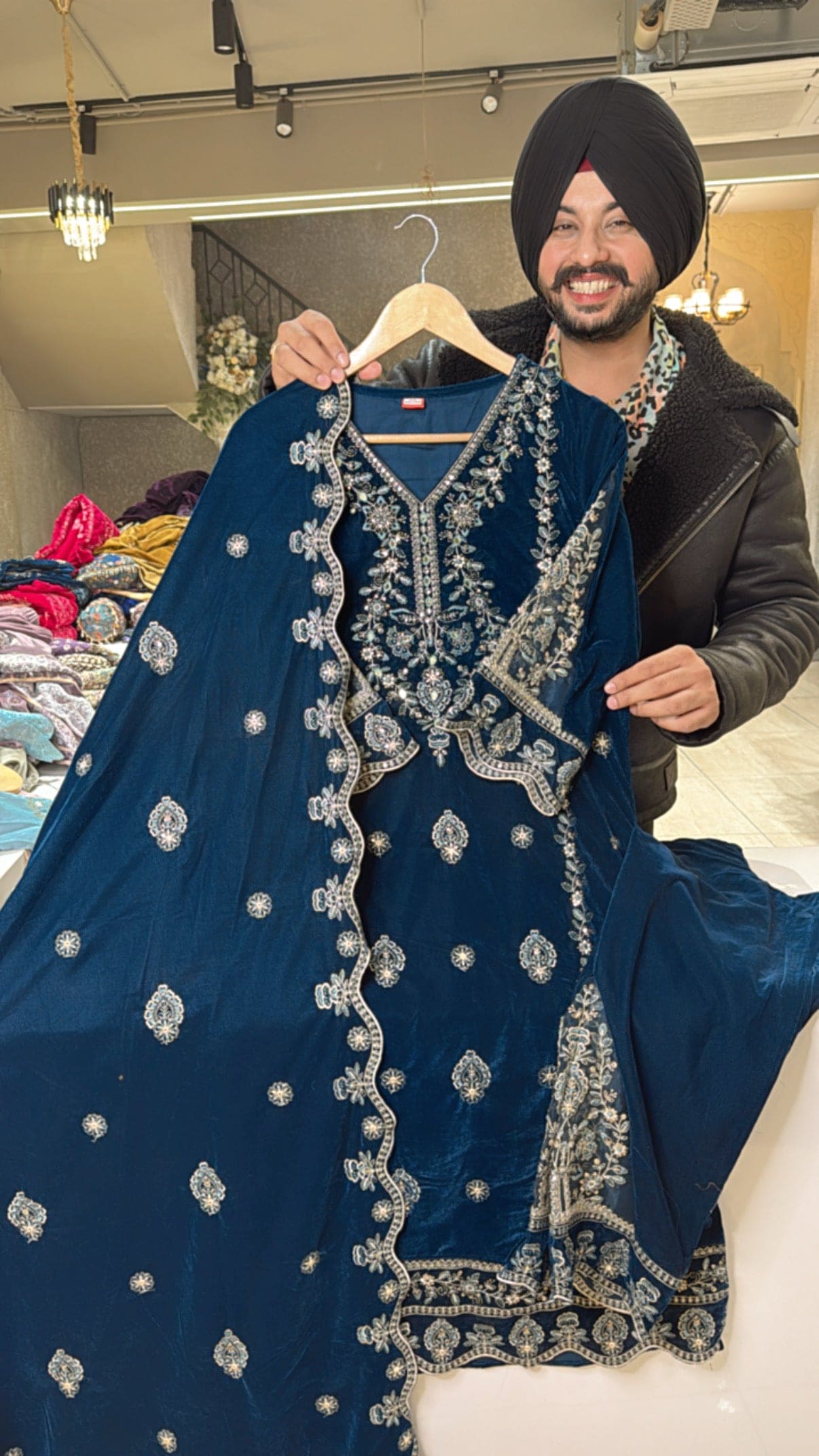 Blue Velvet Pakistani Suits with Designer Sleeves & pants