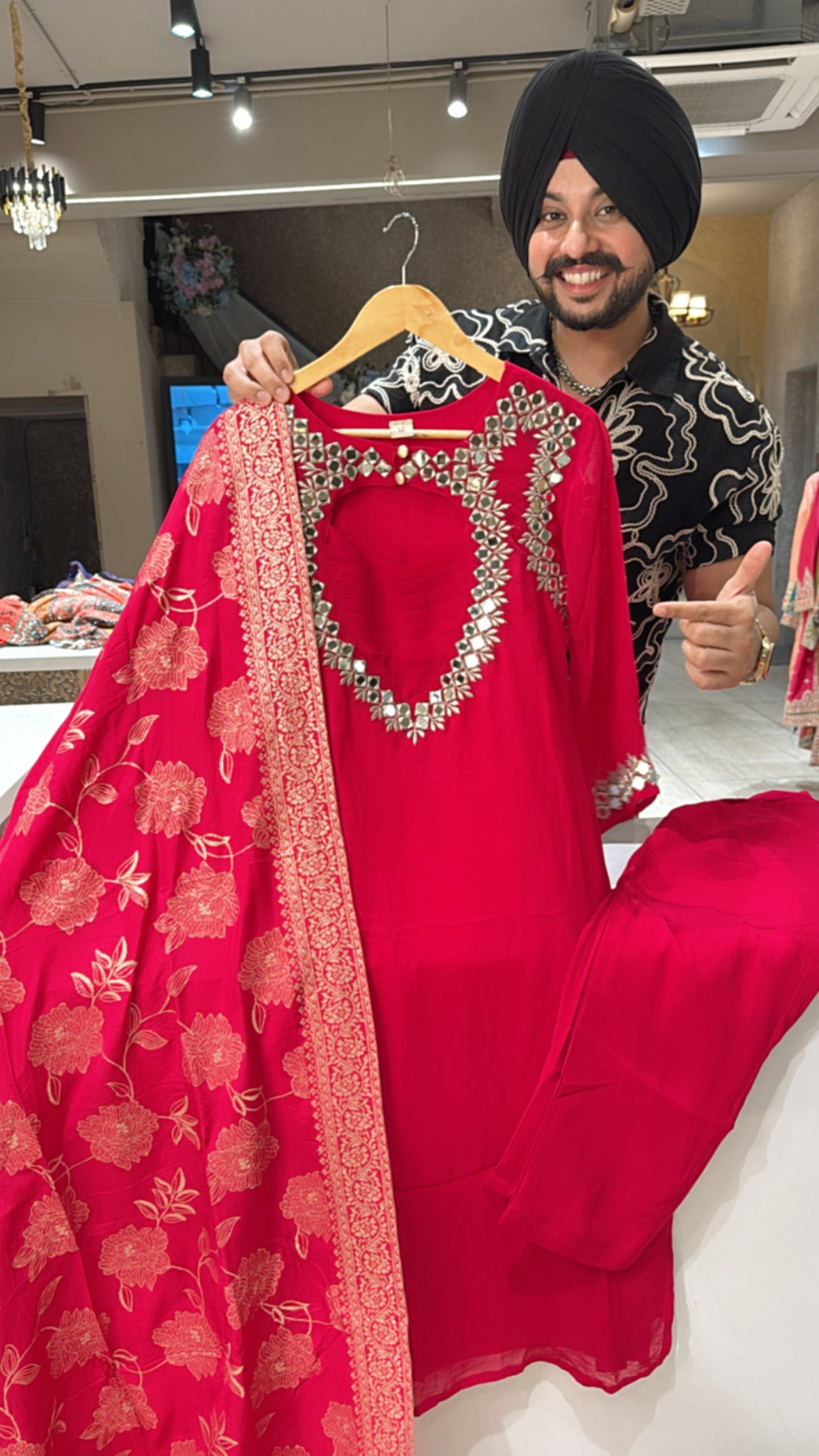Rani pink Designer Mirror Neck Straight Suit with Beautiful Banarasi Look Duppata