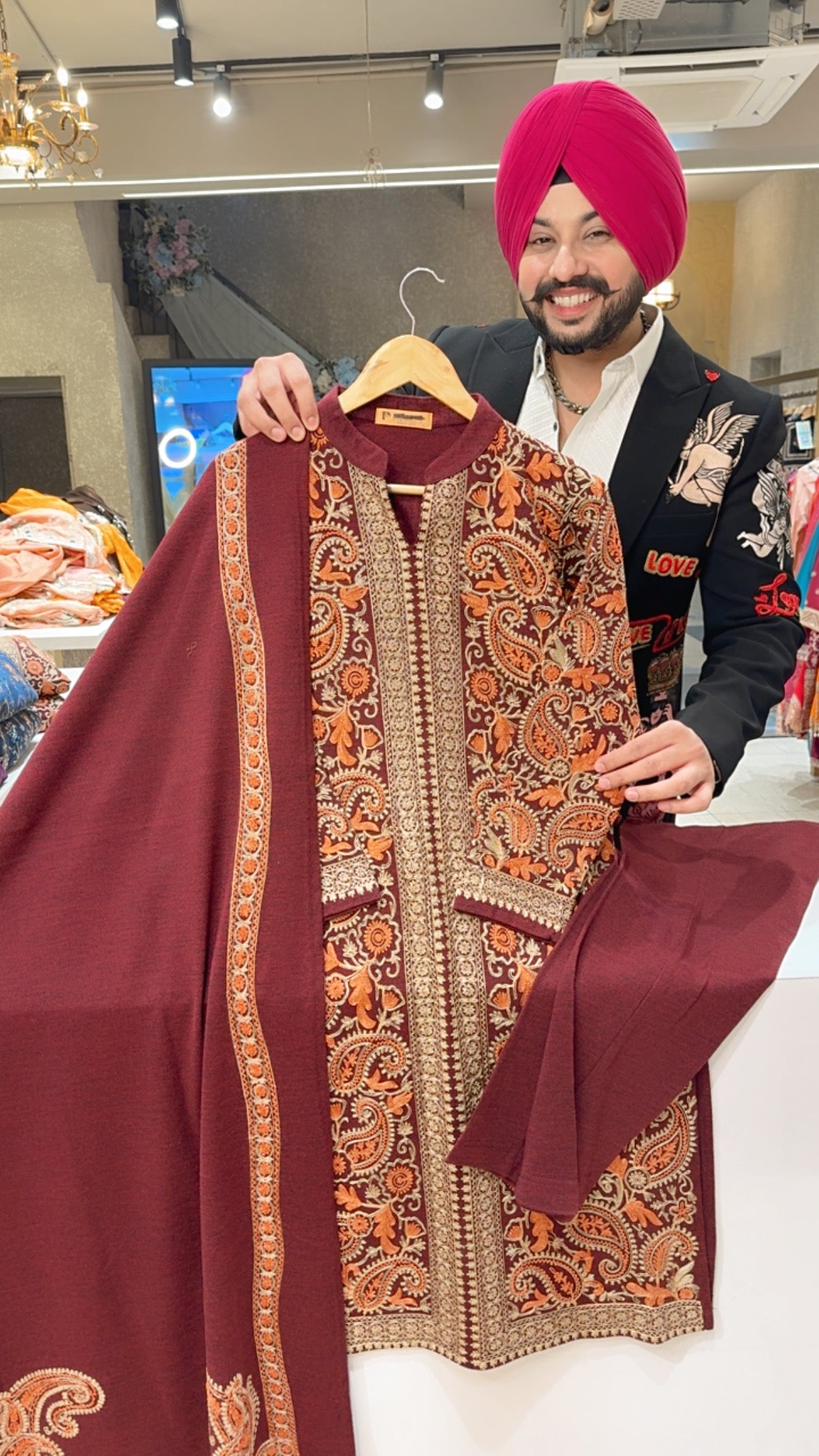 Maroon Strechable woolen Fully Embroidered Kashmiri Suit With Embroidered Duppata