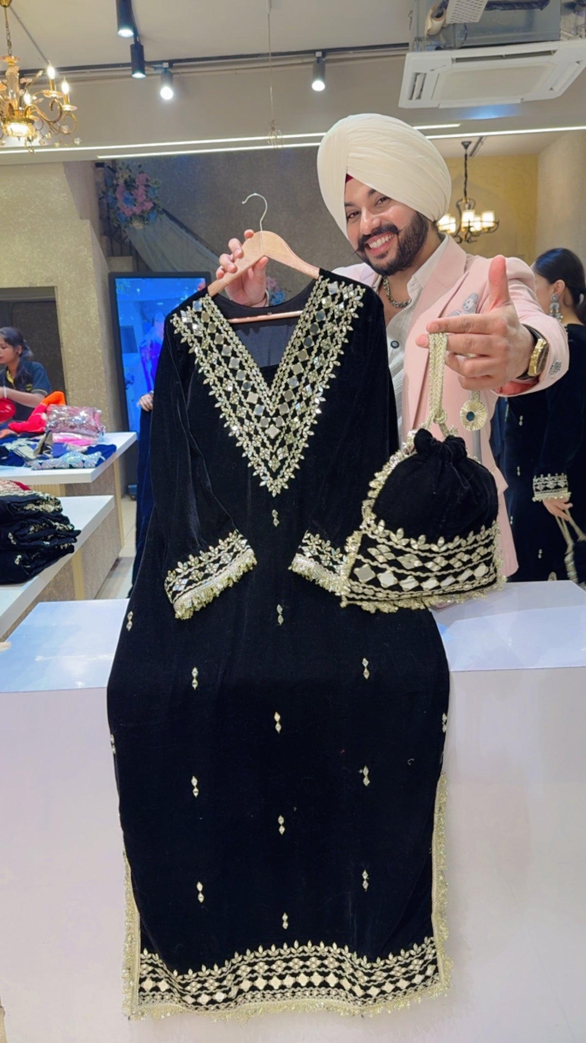 Black Velvet Heavy Mirror Work Straight Long Length Side Slit Dress with Mirror Work Potli