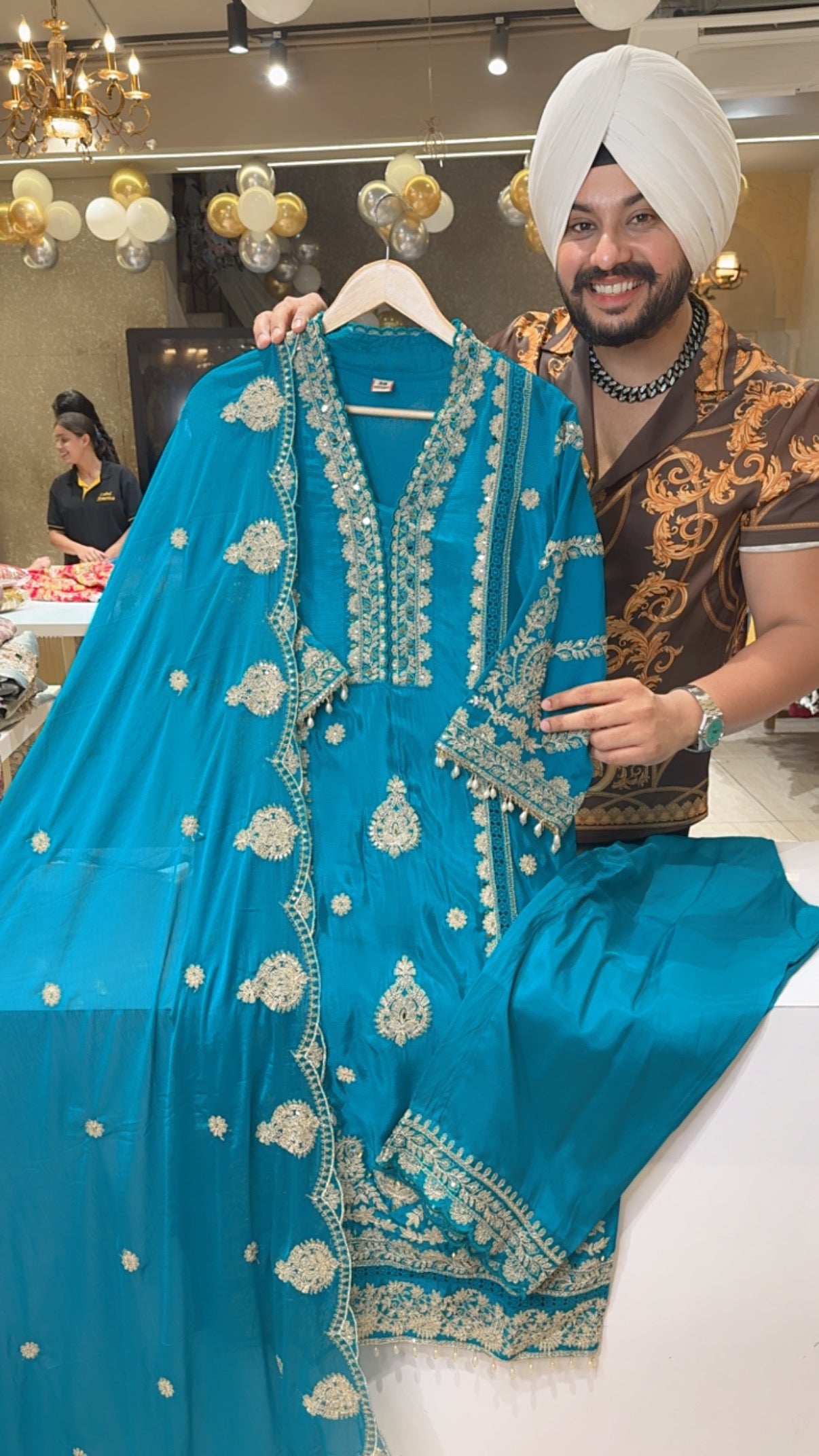 Firozi Chinon Heavy embroidered & Pearl Work Straight Suit with Beautiful Duppata