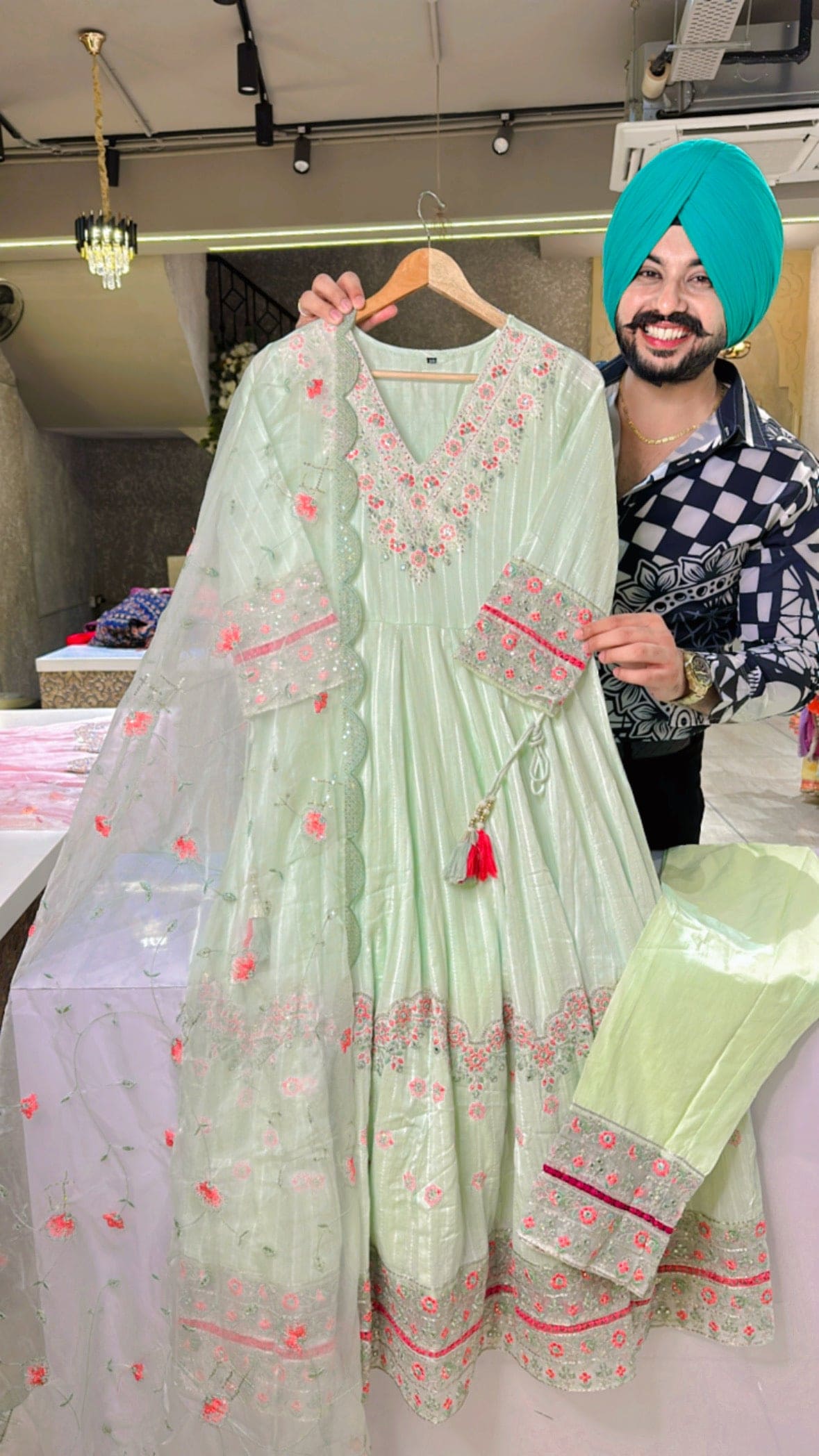 Light Green V-neck Pure cotton Embroidered Anarkali Suit
with Beautiful Embroidered Organza Duppata