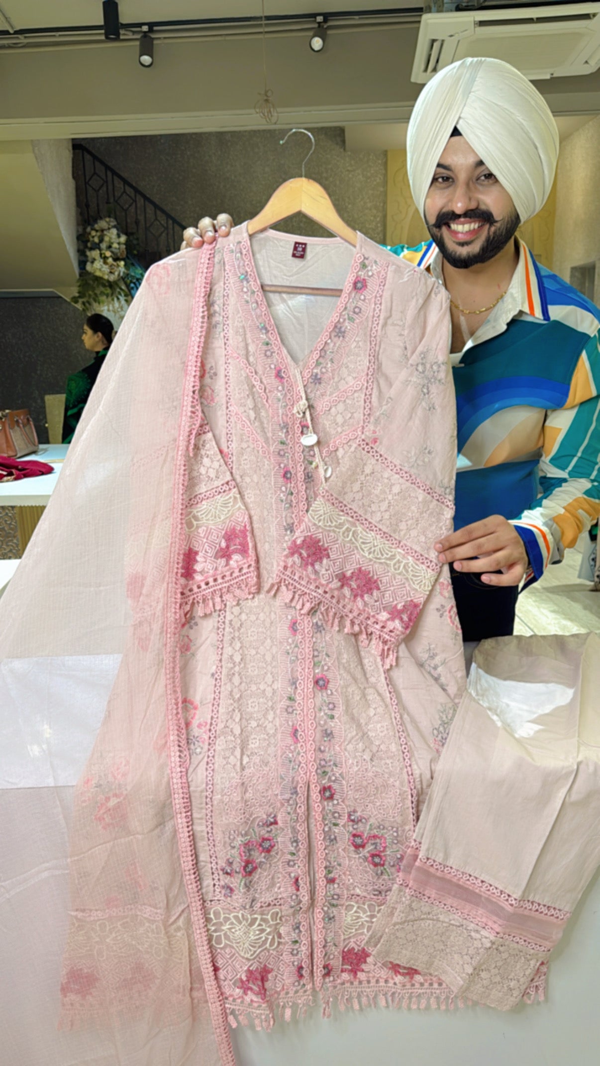 Nude pink Mal Cotton Pakistani Embroidered A-line Suit with Kota Doria Duppata