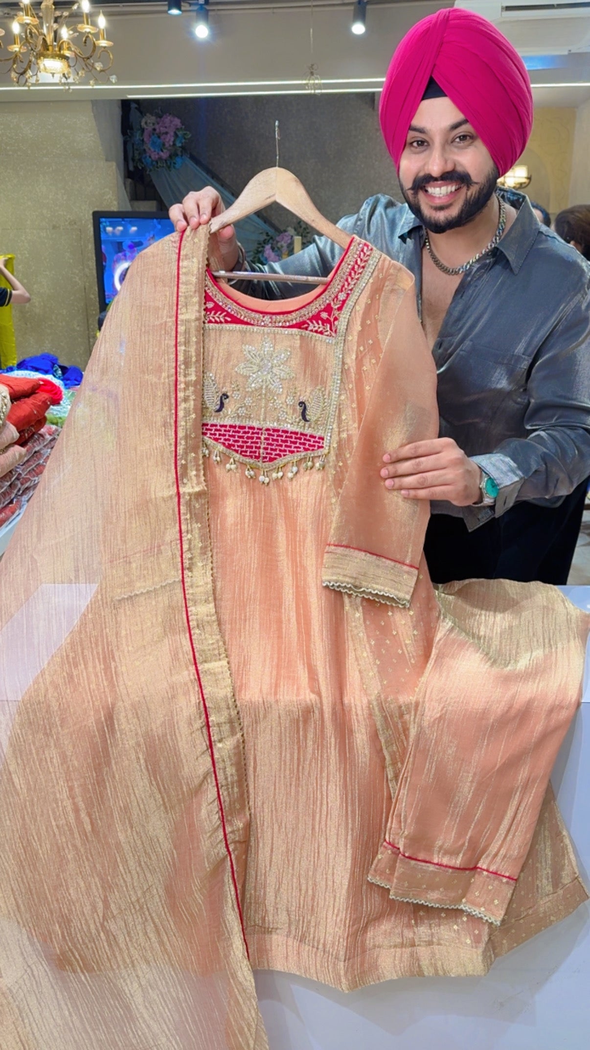 Peach Shimmer Silk Tissue Hand embroidered  A-line Partywear Anarkali Suit