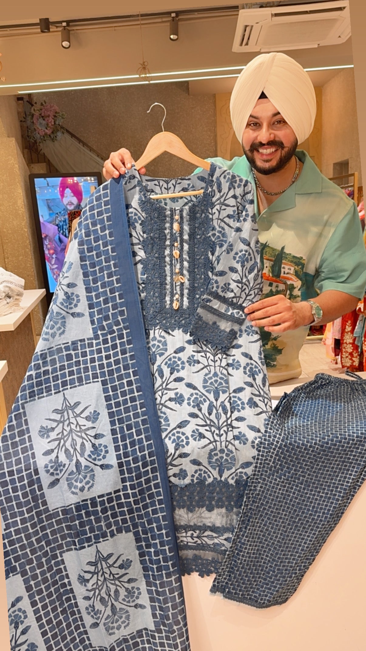 Powder Blue pure Cotton Crochet Laces premium Straight Suit